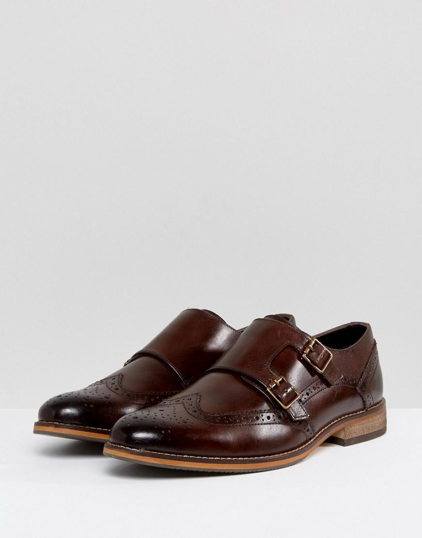 ASOS Asos Wide Fit Monk Shoes In Brown Leather With Brogue Detail for Men -  Lyst