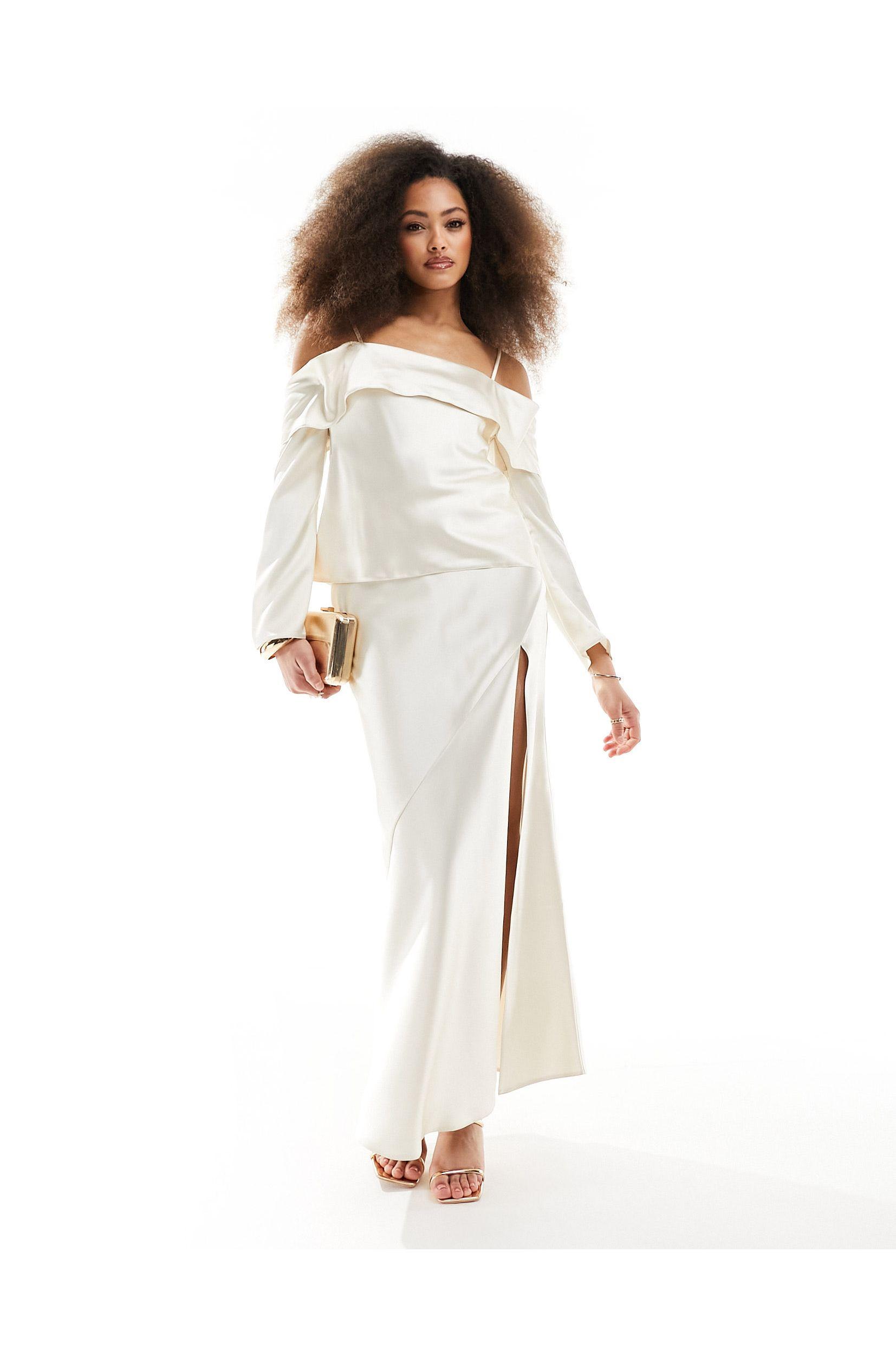 Jupe longue en satin avec fente laterale haute ivoire ASOS en coloris Blanc Lyst