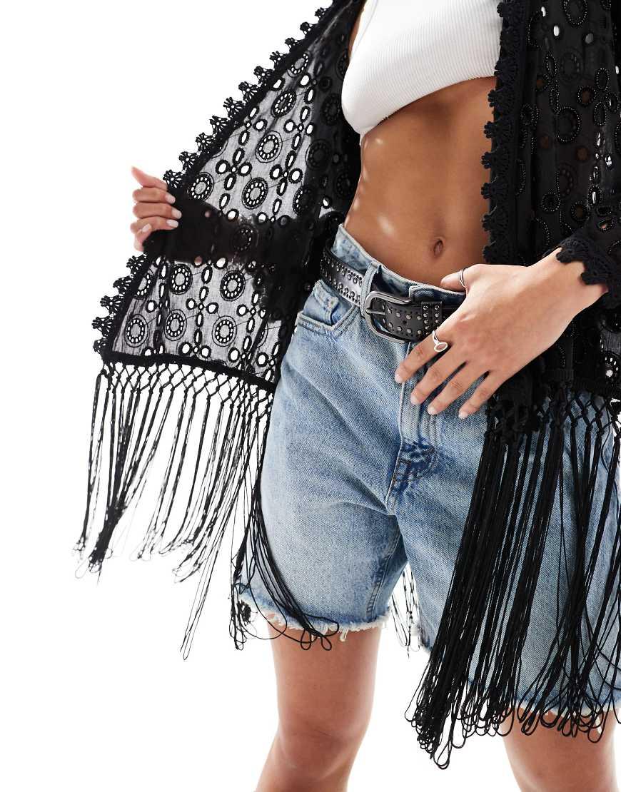 Miss Selfridge Festival Embellished Cutwork Fringe Kimono Jacket in Blue Lyst UK