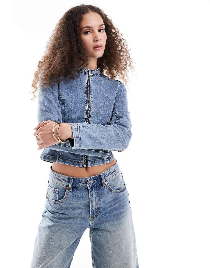 Monki Fitted Zip Front Denim Jacket in Blue Lyst UK