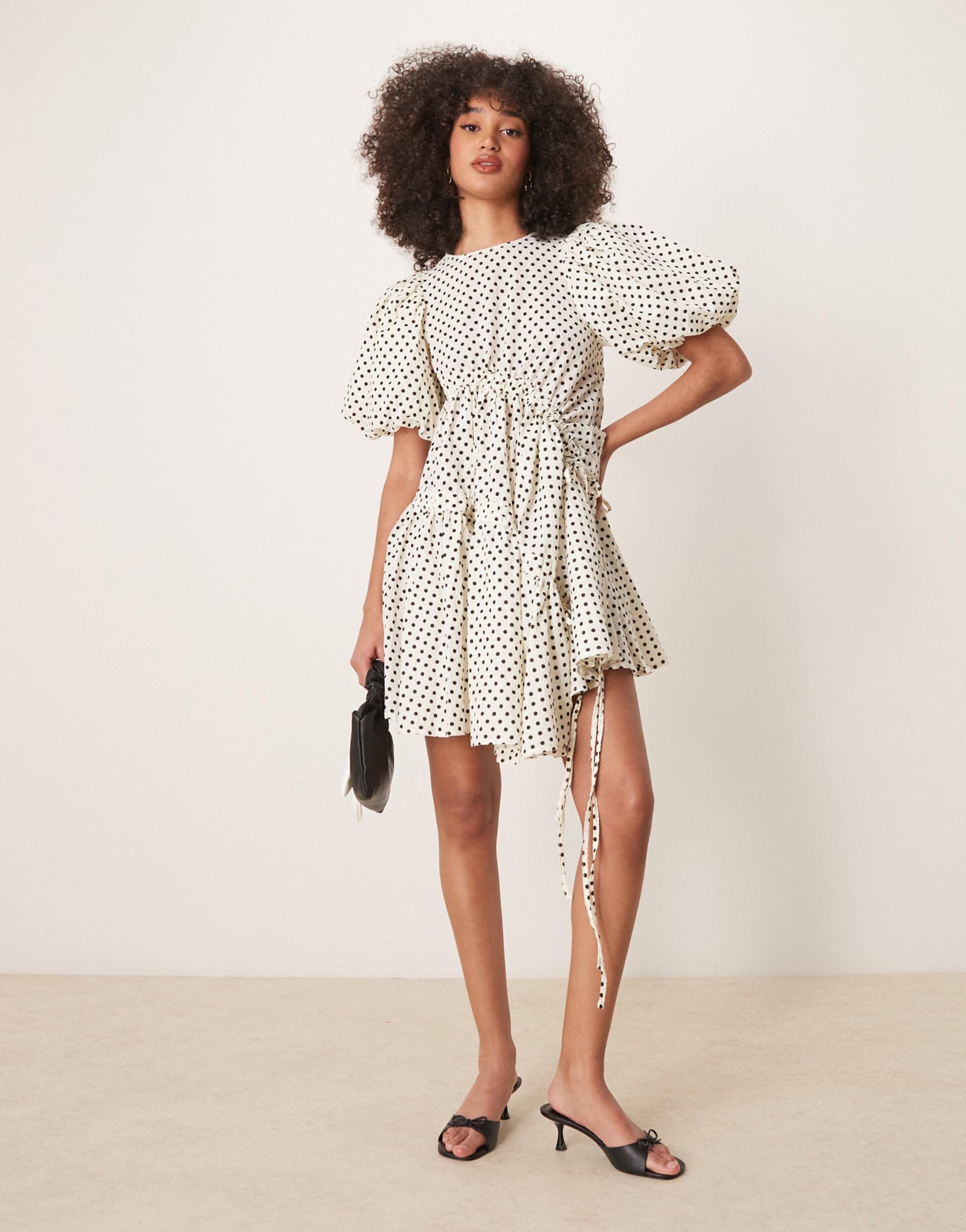 Ghospell Ruched Asymmetric Polka Dot Mini Dress in Natural | Lyst Ghospell Ruched Asymmetric Polka Dot Mini Dress in Natural | Lyst