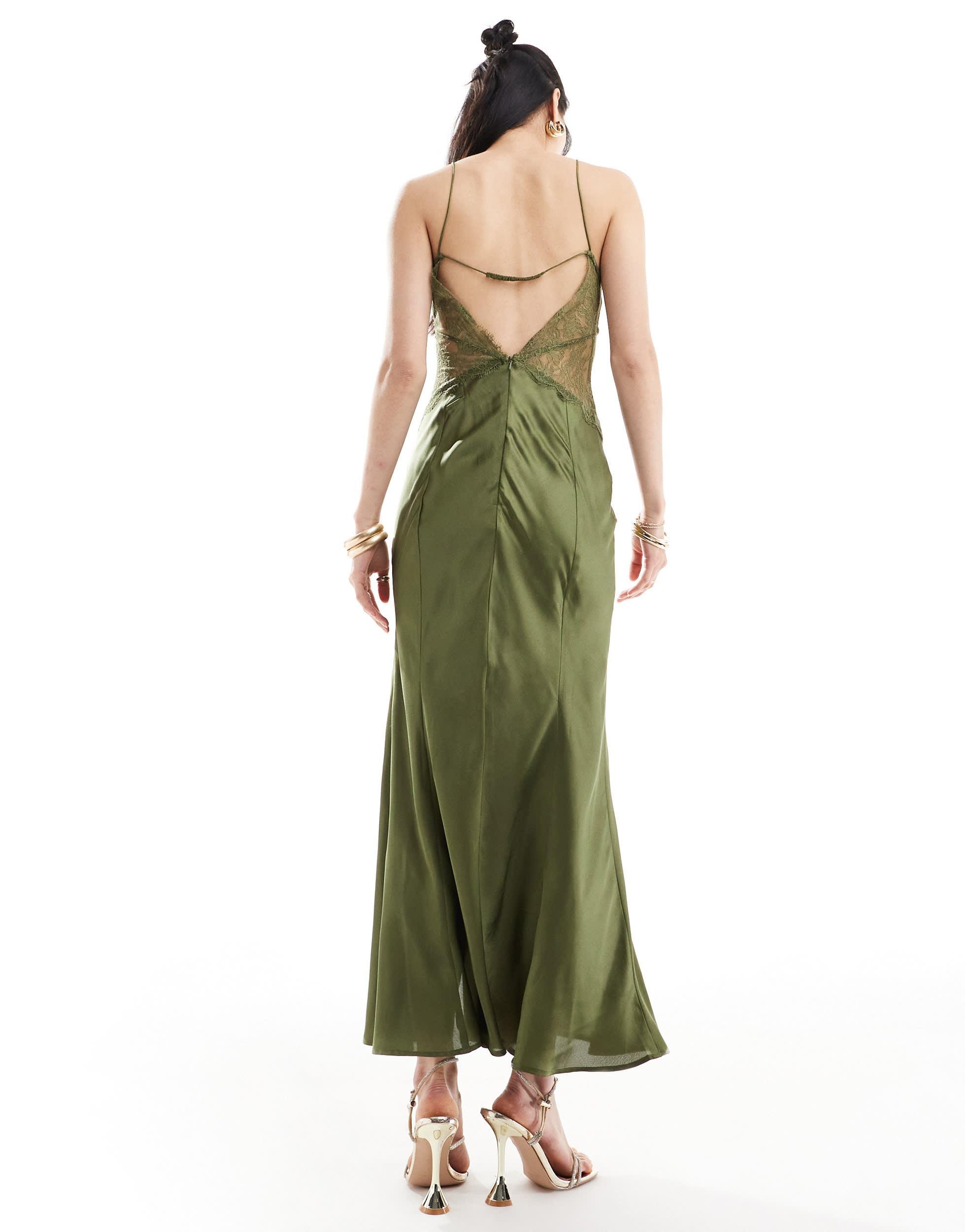 ASOS Satin Lace Insert Keyhole Midaxi Dress in Green | Lyst