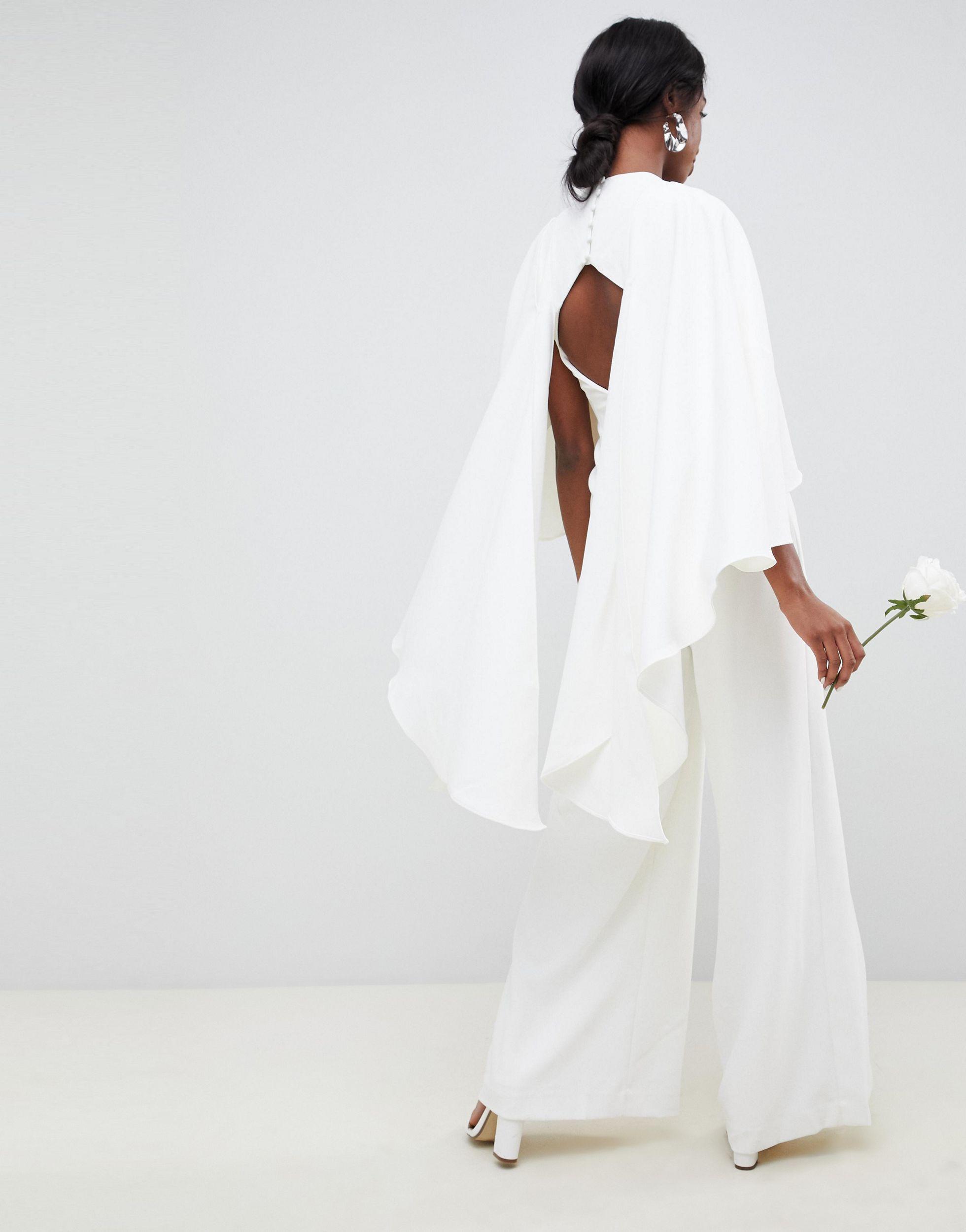 ASOS Cape Sleeve Wedding Jumpsuit In Satin in White Lyst