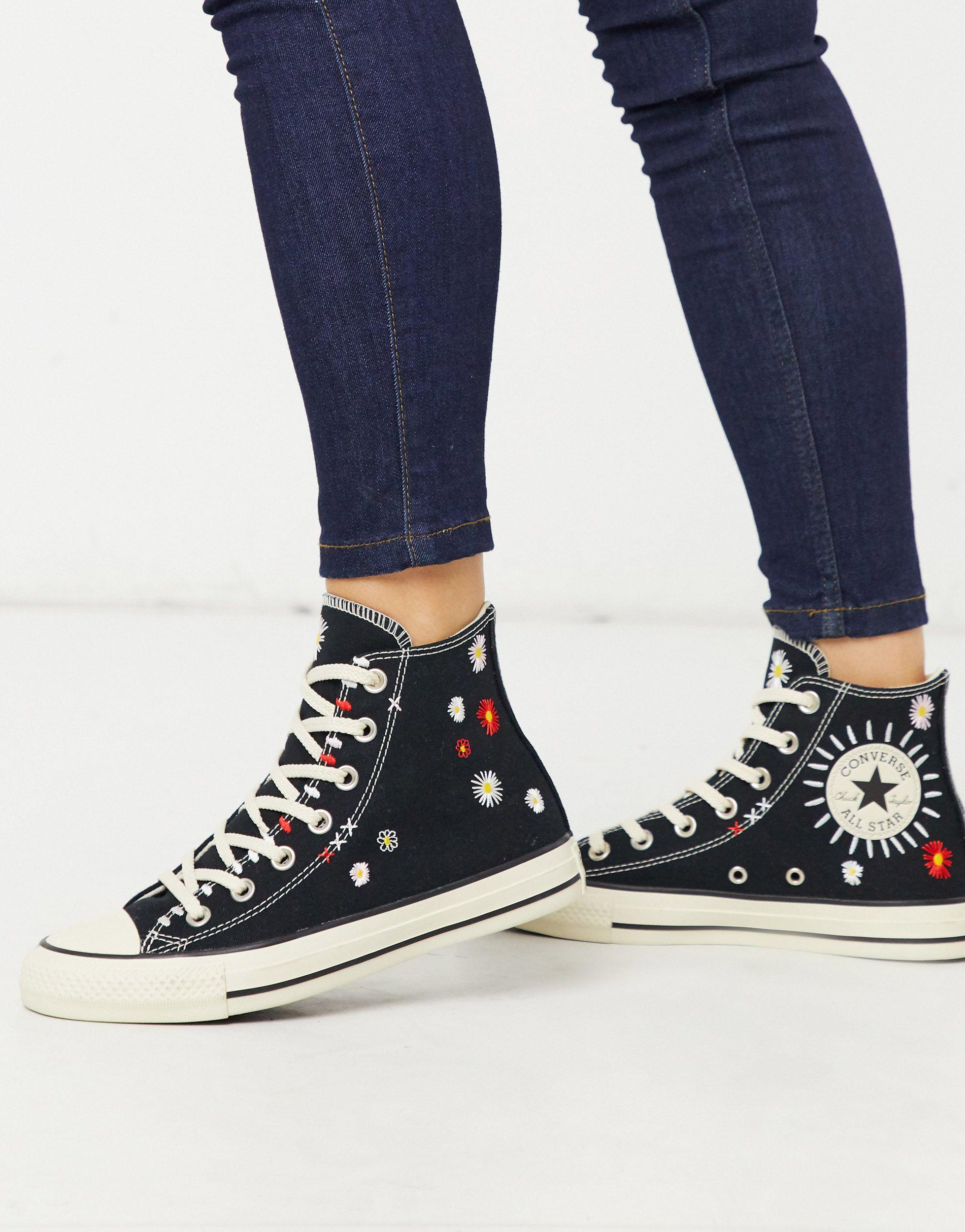 Converse Chuck Taylor All Star Lift hi sneakers with flower embroidery in  black