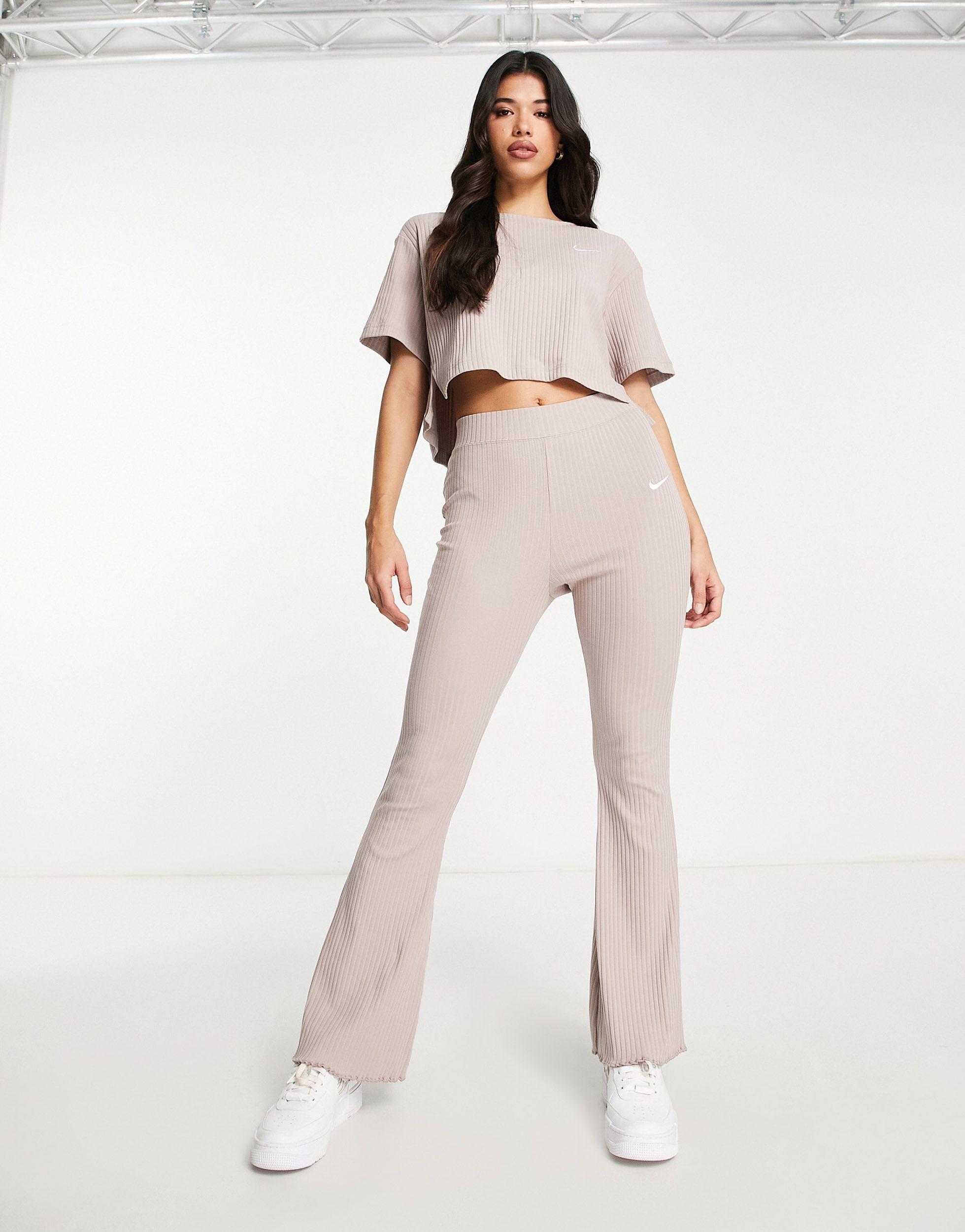 Nike Rib Jersey Flare Trousers in Natural