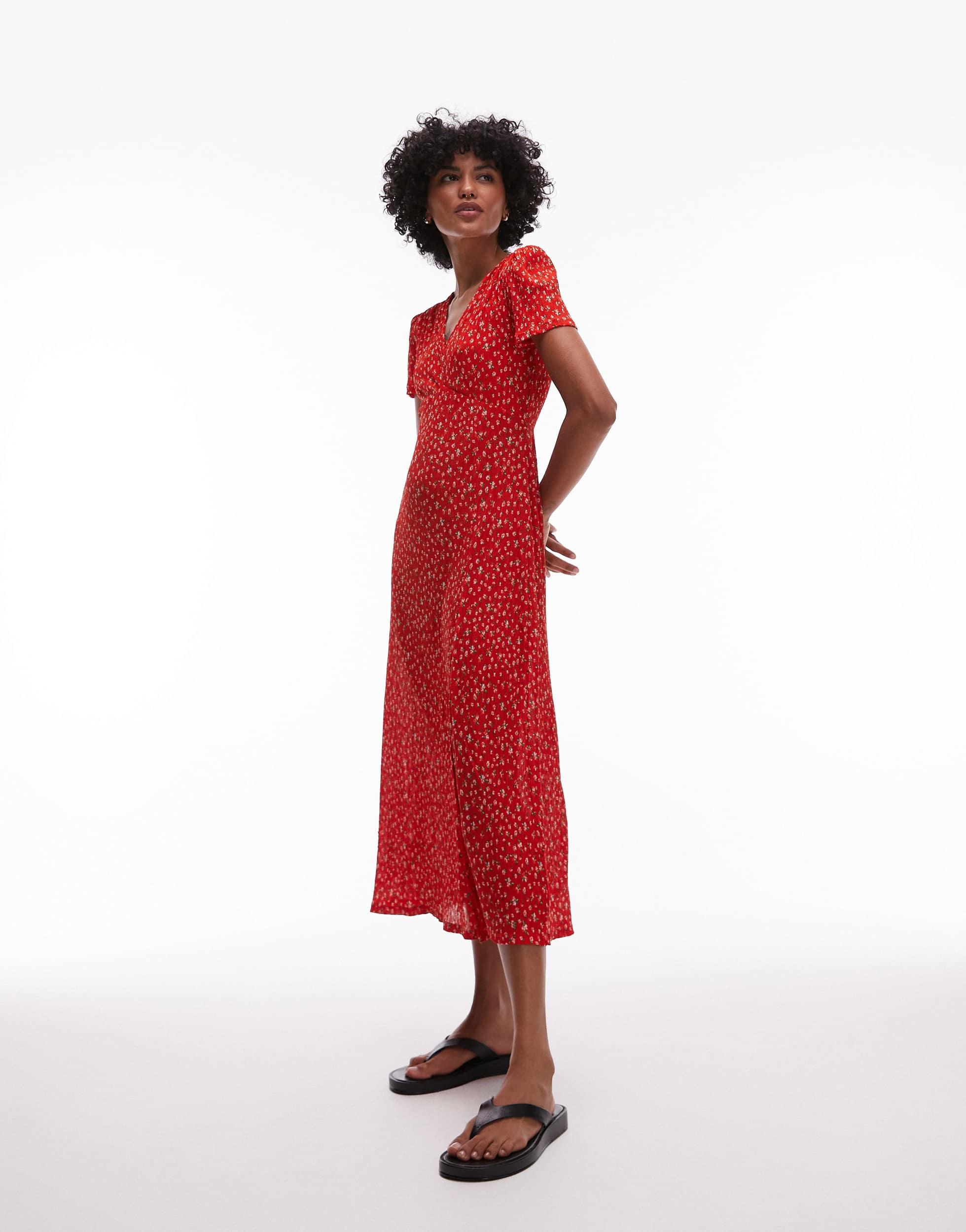 Mango V Neck Floral Print Midi Tea Dress in Red | Lyst