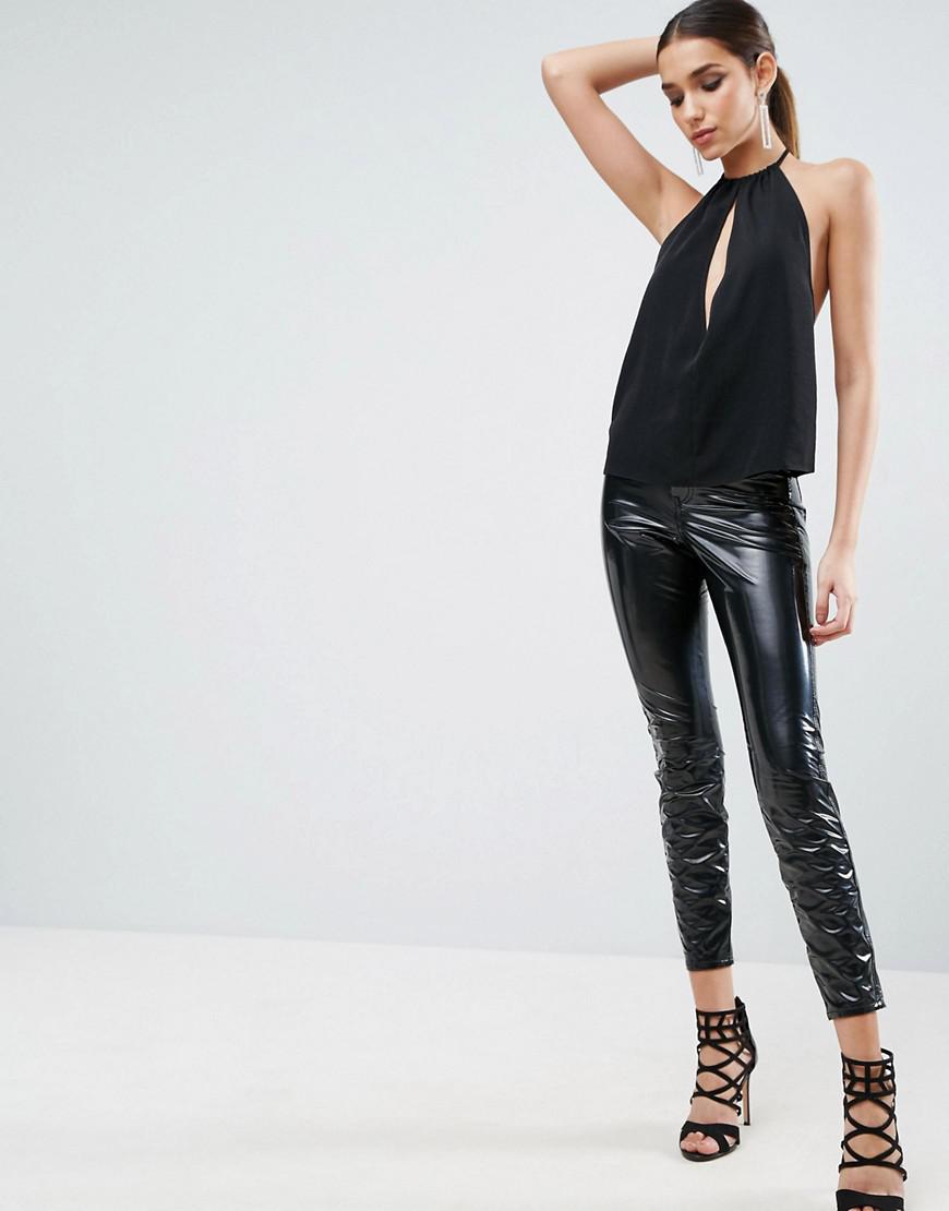 ASOS Synthetic Tie Neck Halter Top With Deep Plunge in Black - Lyst