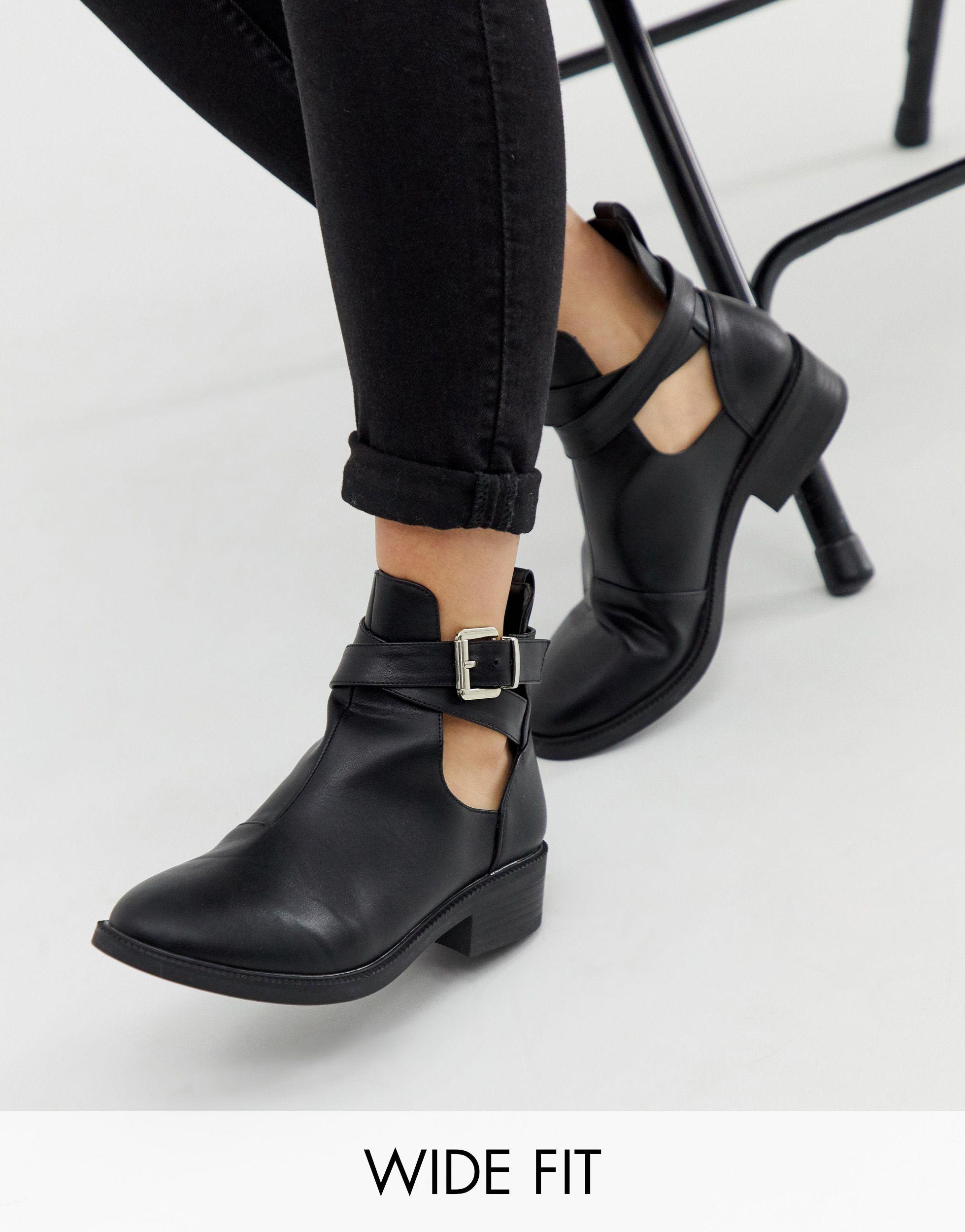 Raid Wide Fit Madison Cut Out Flat Ankle Boots in Black | Lyst