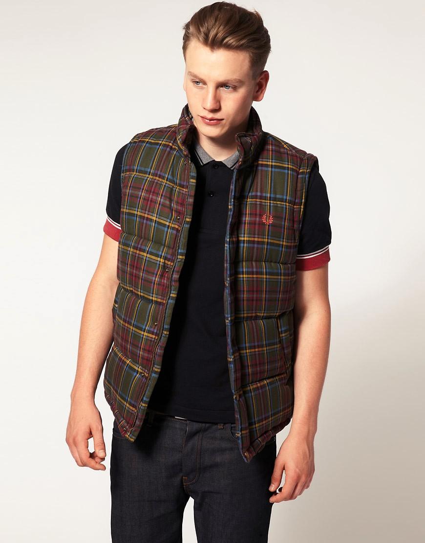 Fred Perry Cotton Tartan Padded Gilet in Gray for Men - Lyst