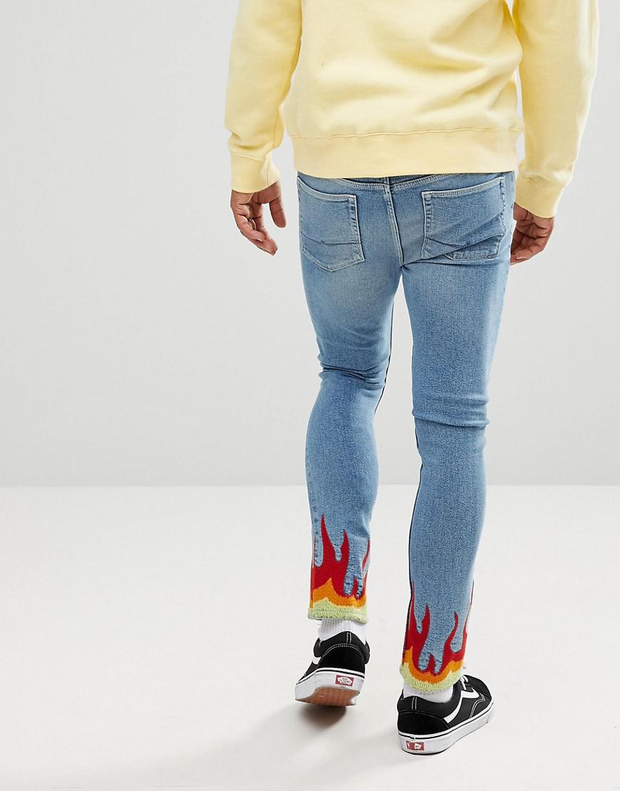 ASOS Denim Asos Super Skinny Jeans In Mid Wash Blue With Flame Hem for Men  - Lyst