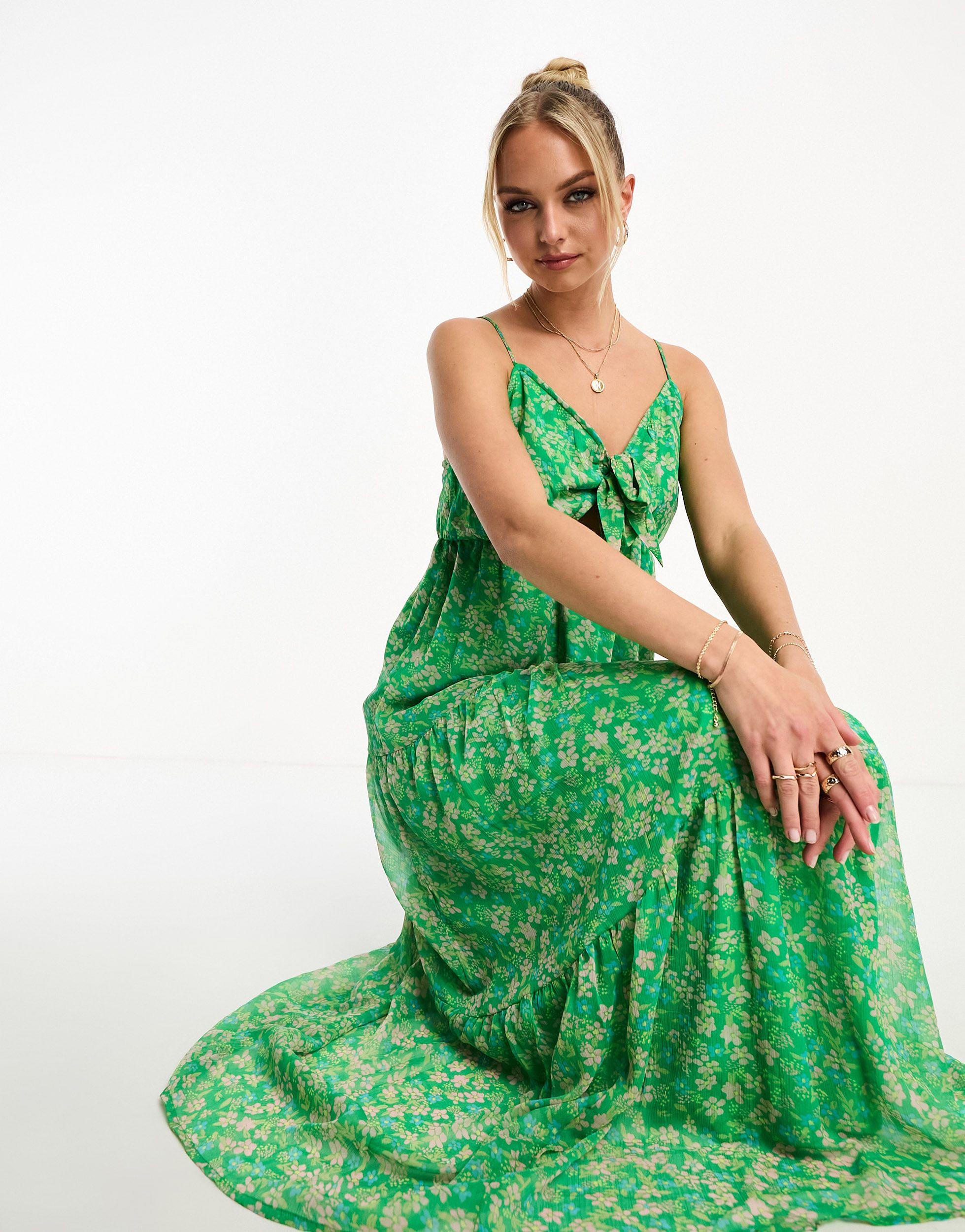 Vero Moda Tie Front Cami Maxi Dress in Green | Lyst