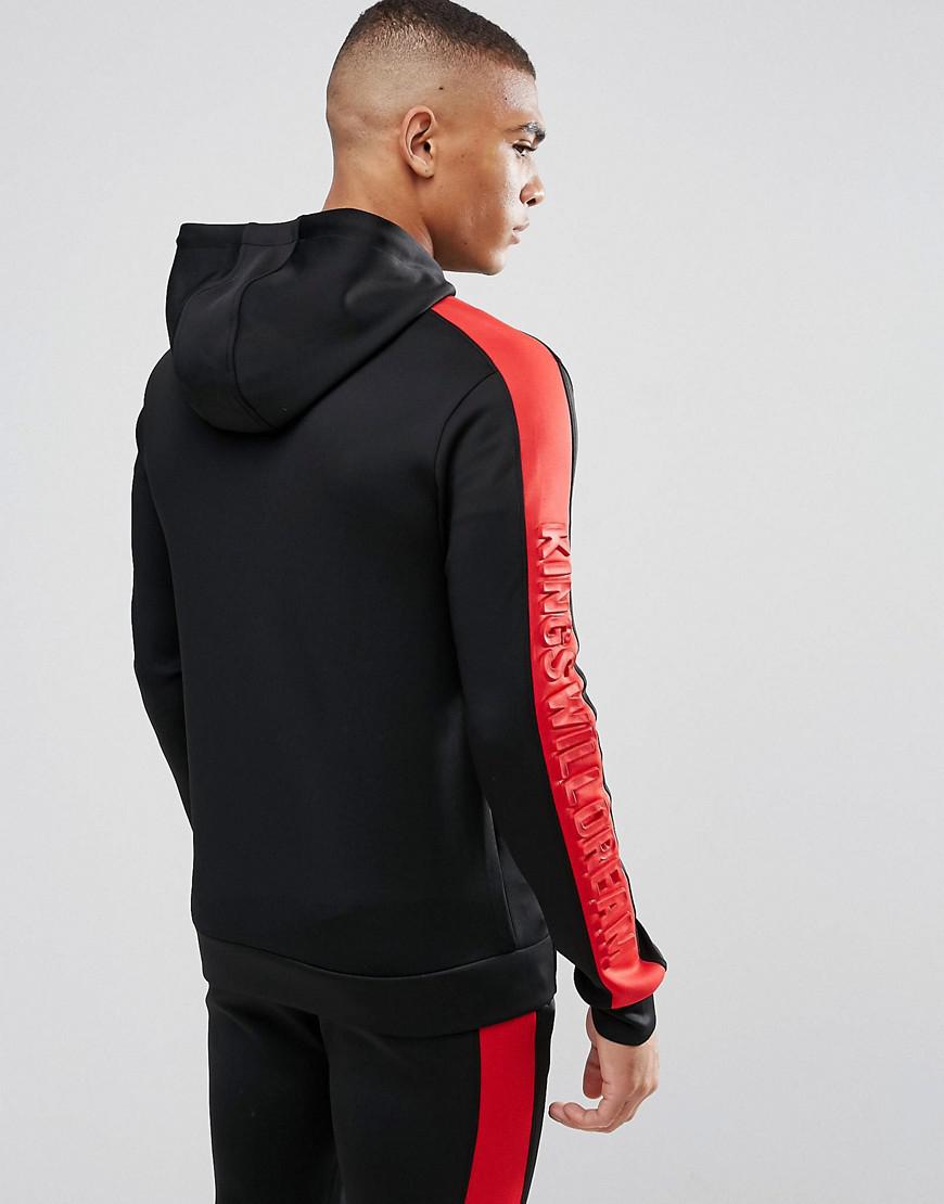 black hoodie with red stripes on sleeves