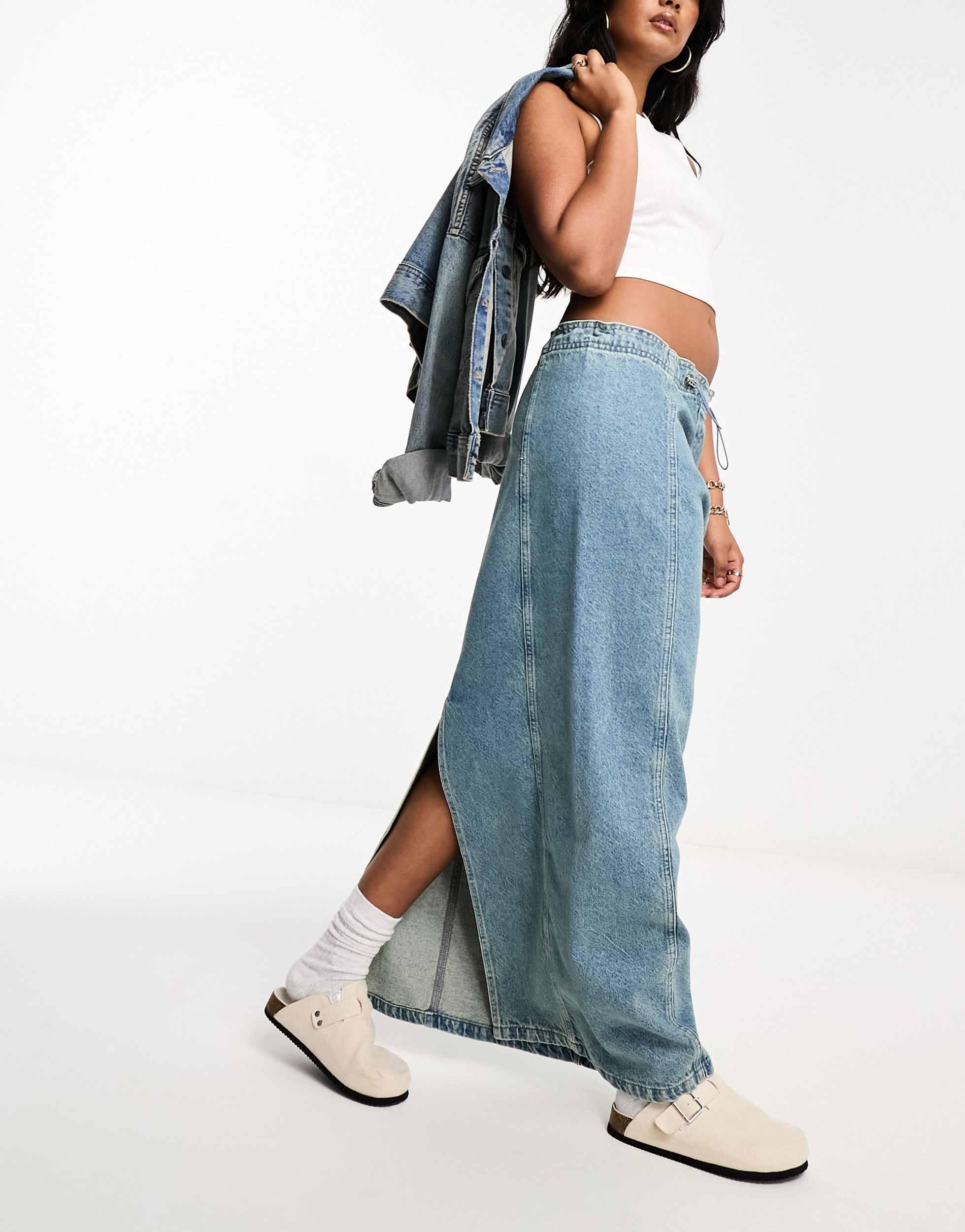 Jupe mi longue parachute en jean ASOS en coloris Bleu Lyst