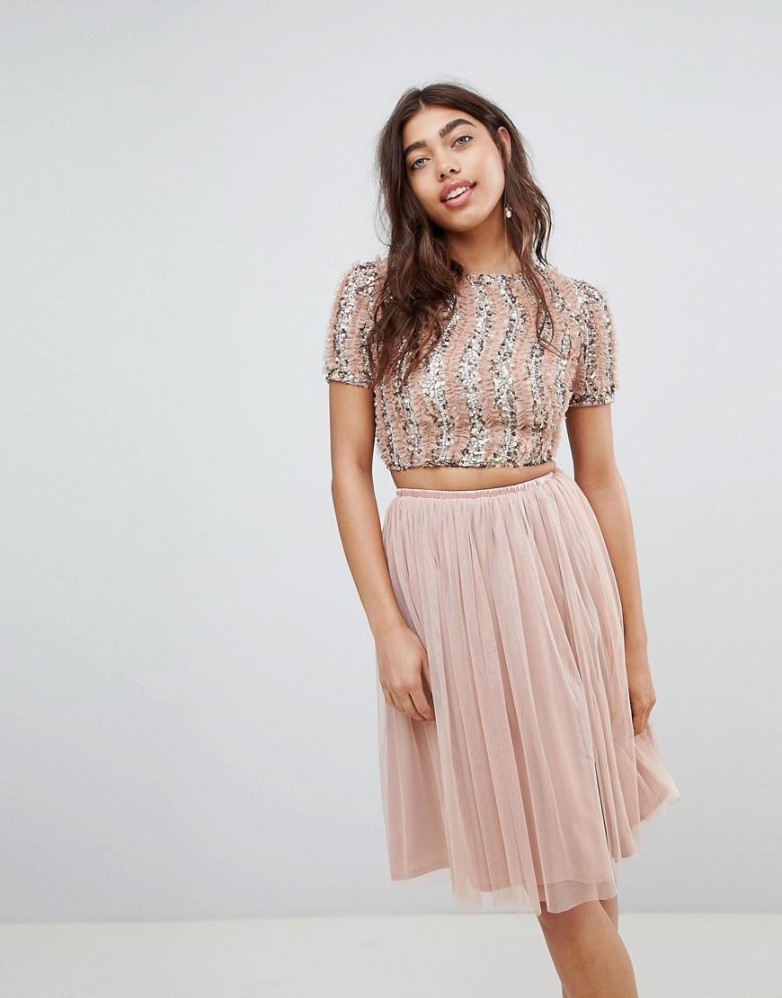 LACE & BEADS Cropped Top With Ruffle Embellishment And Open Back Two-piece  in Natural | Lyst