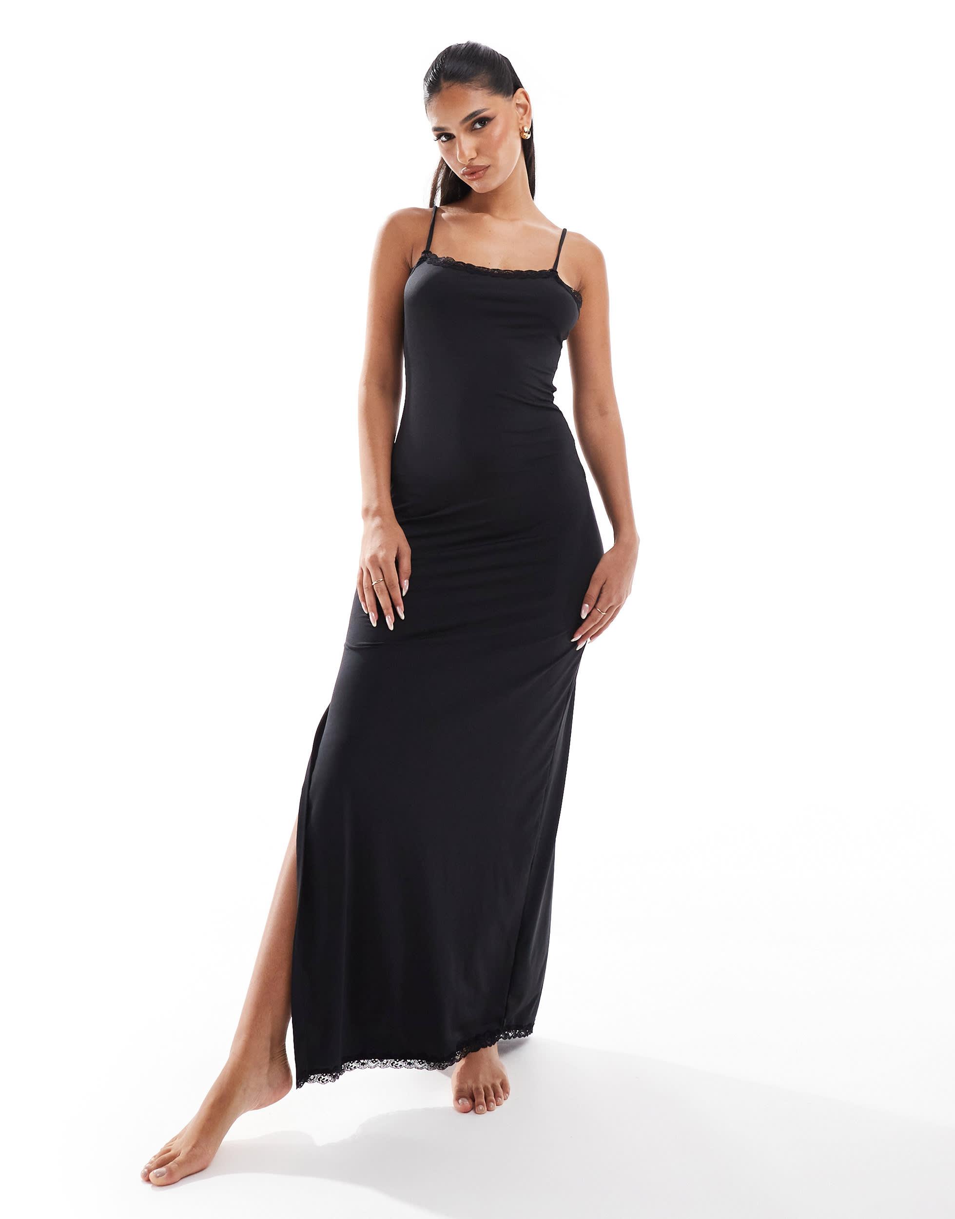 ASOS Tia Super Soft Microfibre Maxi Slip Dress With Side Slit Lace Trim in Black Lyst Canada