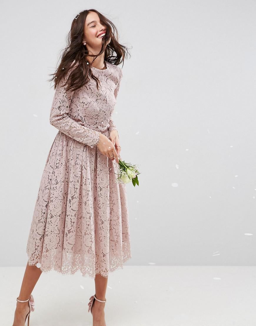 ASOS Lace Long Sleeve Midi Prom Dress in Beige (Natural) | Lyst