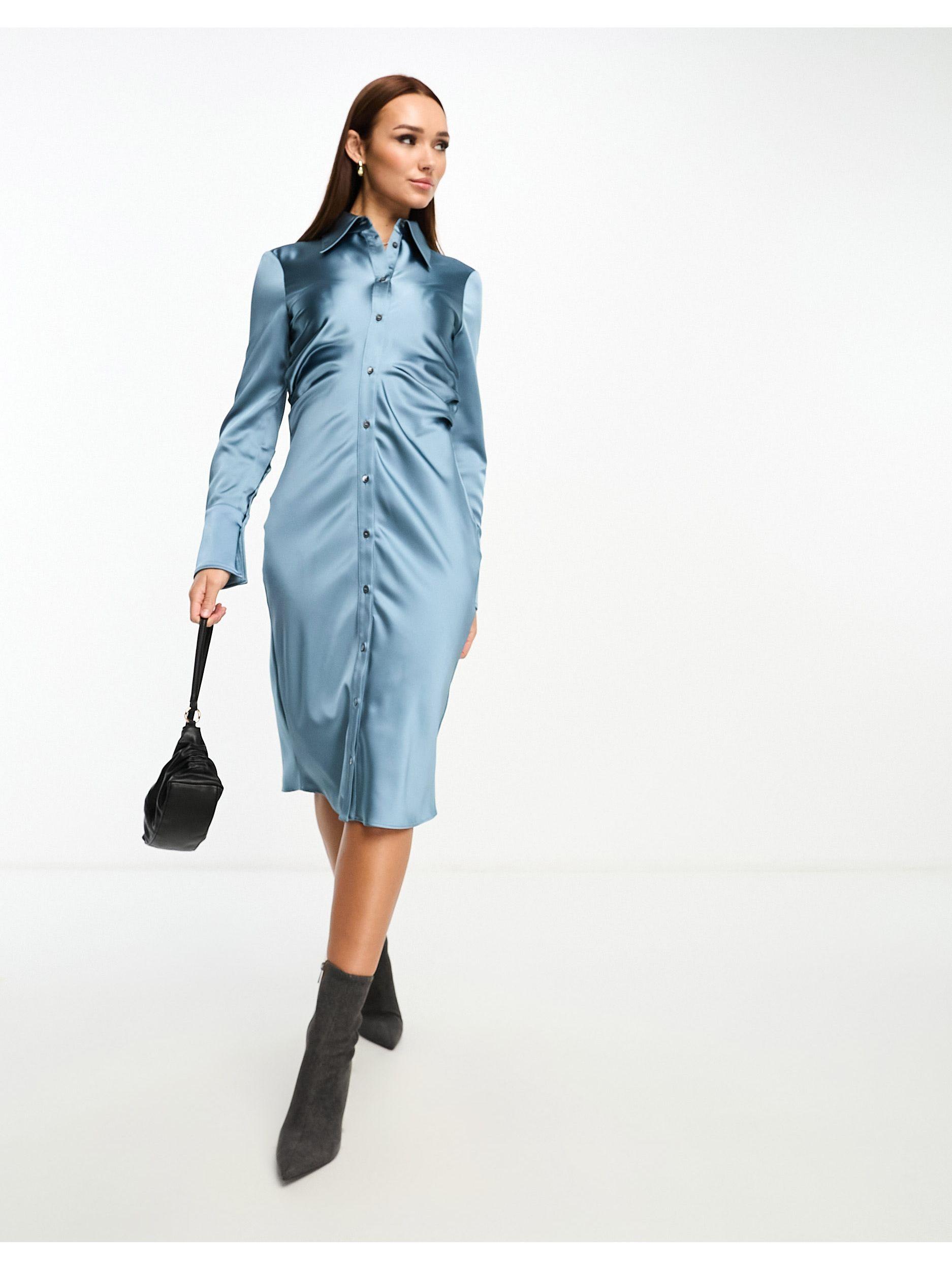 Mango Capsule Satin Shirt Dress in Blue | Lyst UK