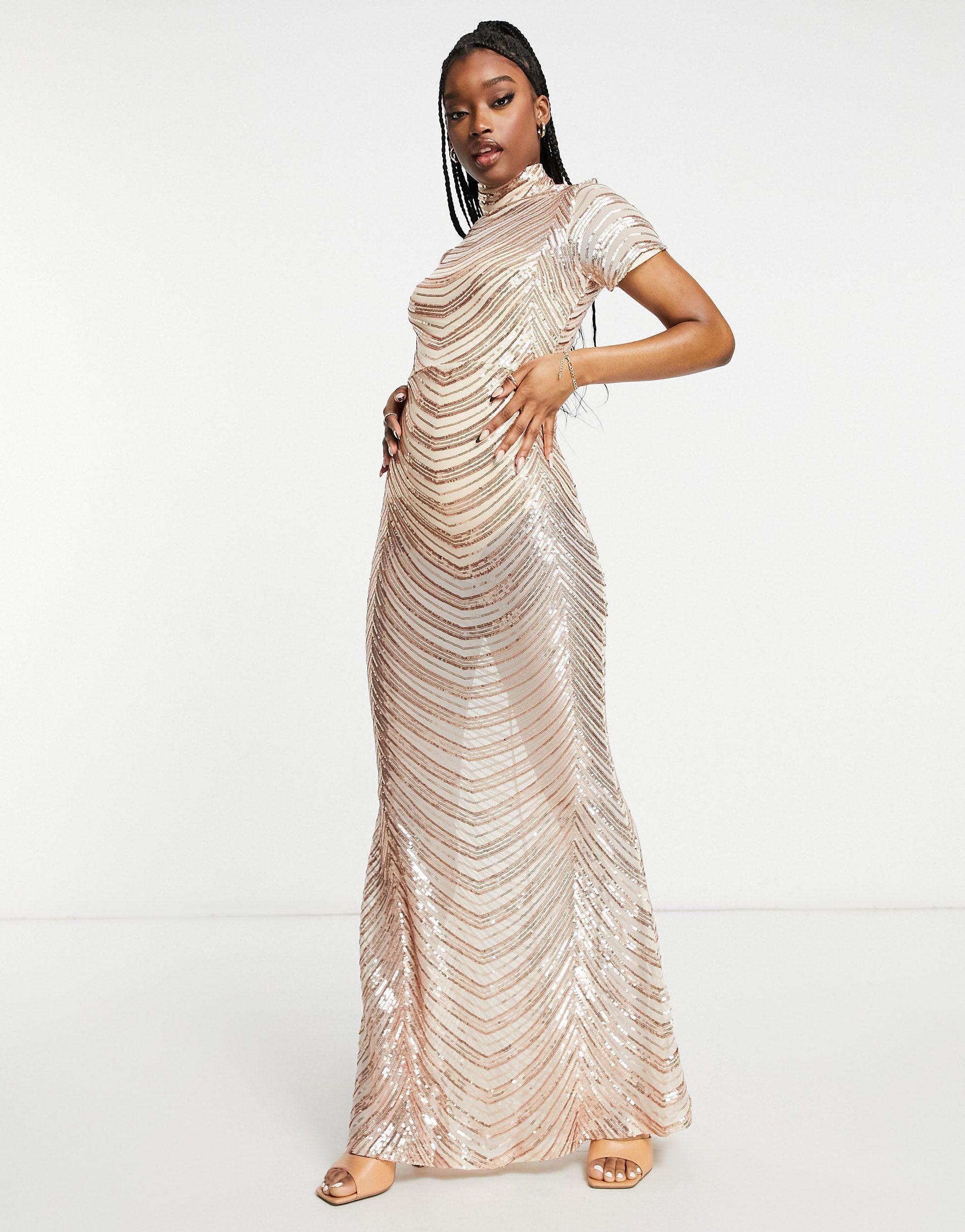 Vestito lungo accollato con strascico a sirena color rosa con righe di Club  L London in Metallizzato | Lyst