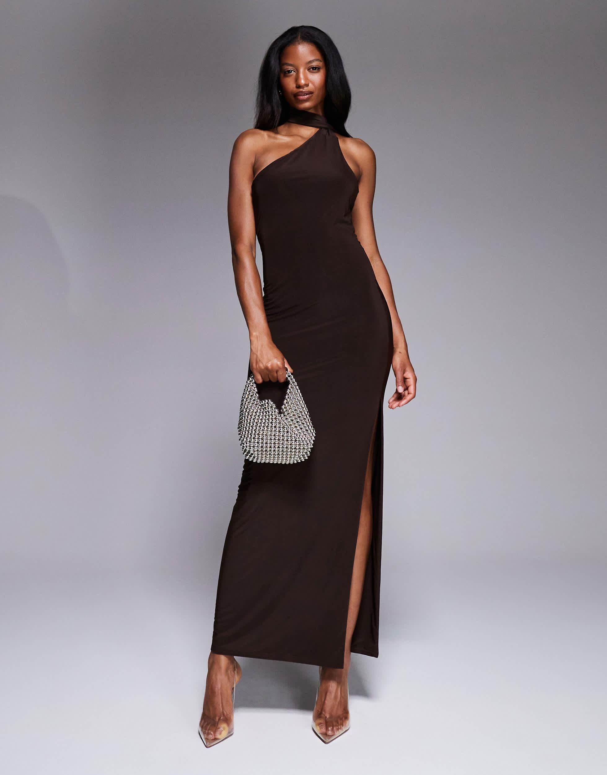 Kaiia Exclusive Double Layered Slinky Scarf Neck Detail Maxi Dress in Brown  | Lyst