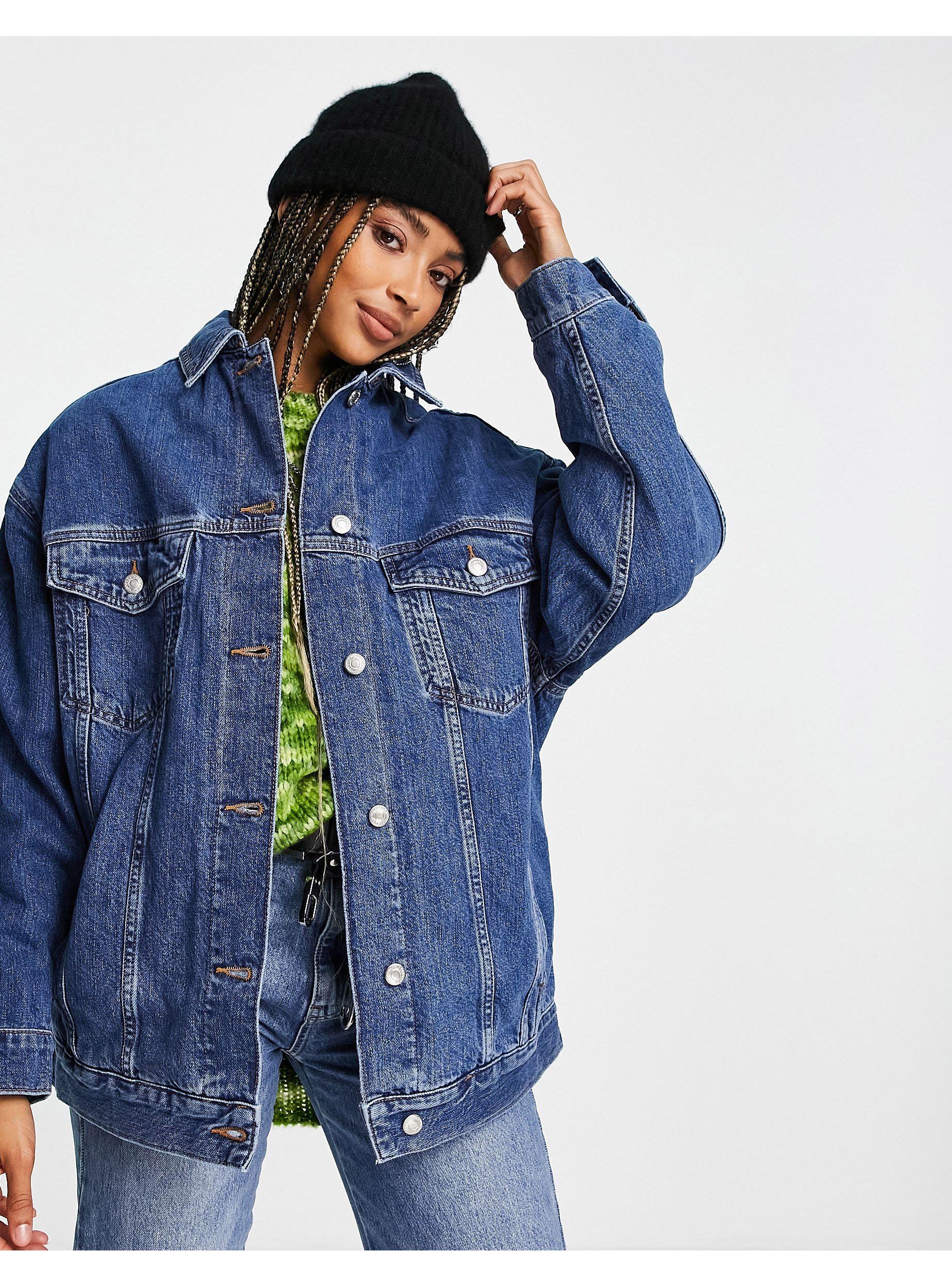 TOPSHOP Dad Denim Jacket With Check Lining in Blue | Lyst