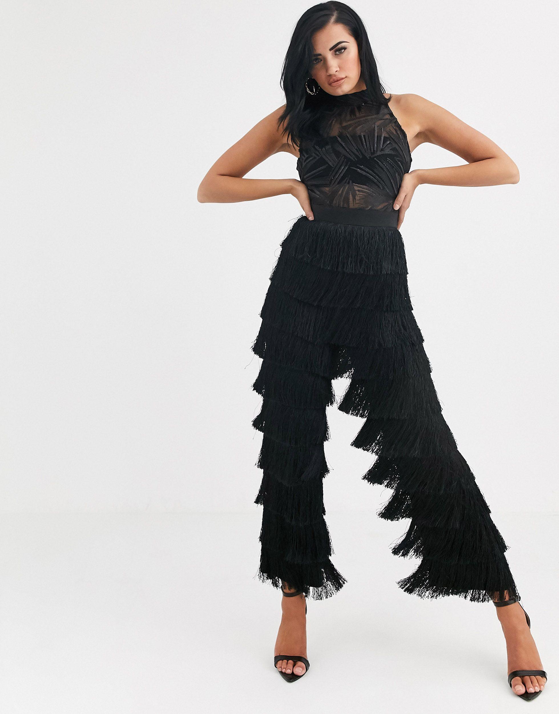 schending mond Rand Opulence England Premium Party Sheer Sequin & Fringe Jumpsuit in Black |  Lyst