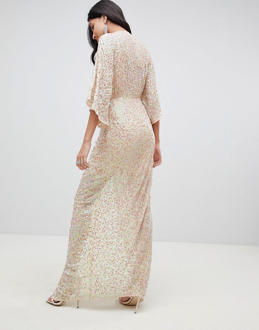 asos design scatter sequin knot front kimono maxi dress