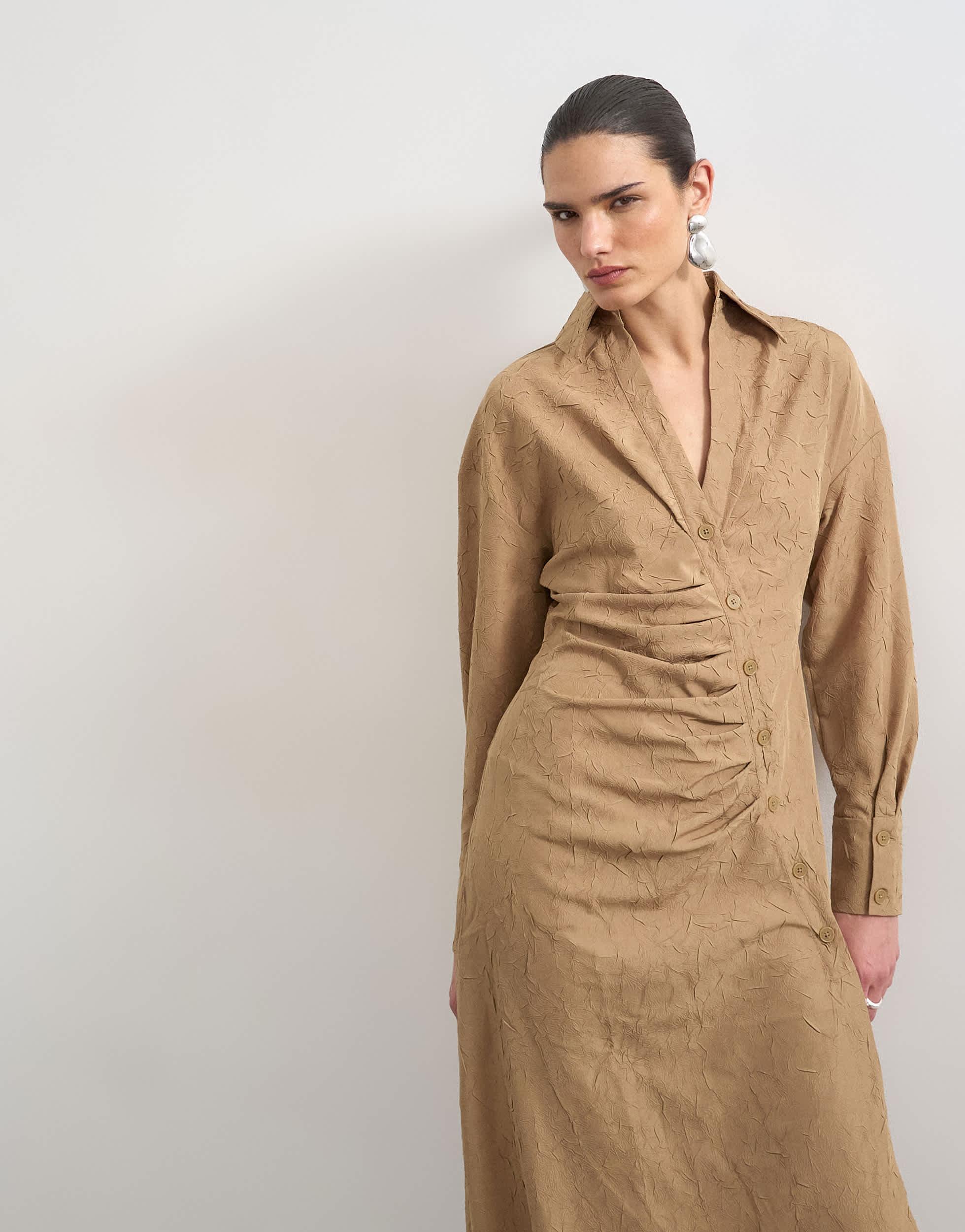 topshop midi shirt dress Topshop open collar ruched long sleeve midi shirt dress in black