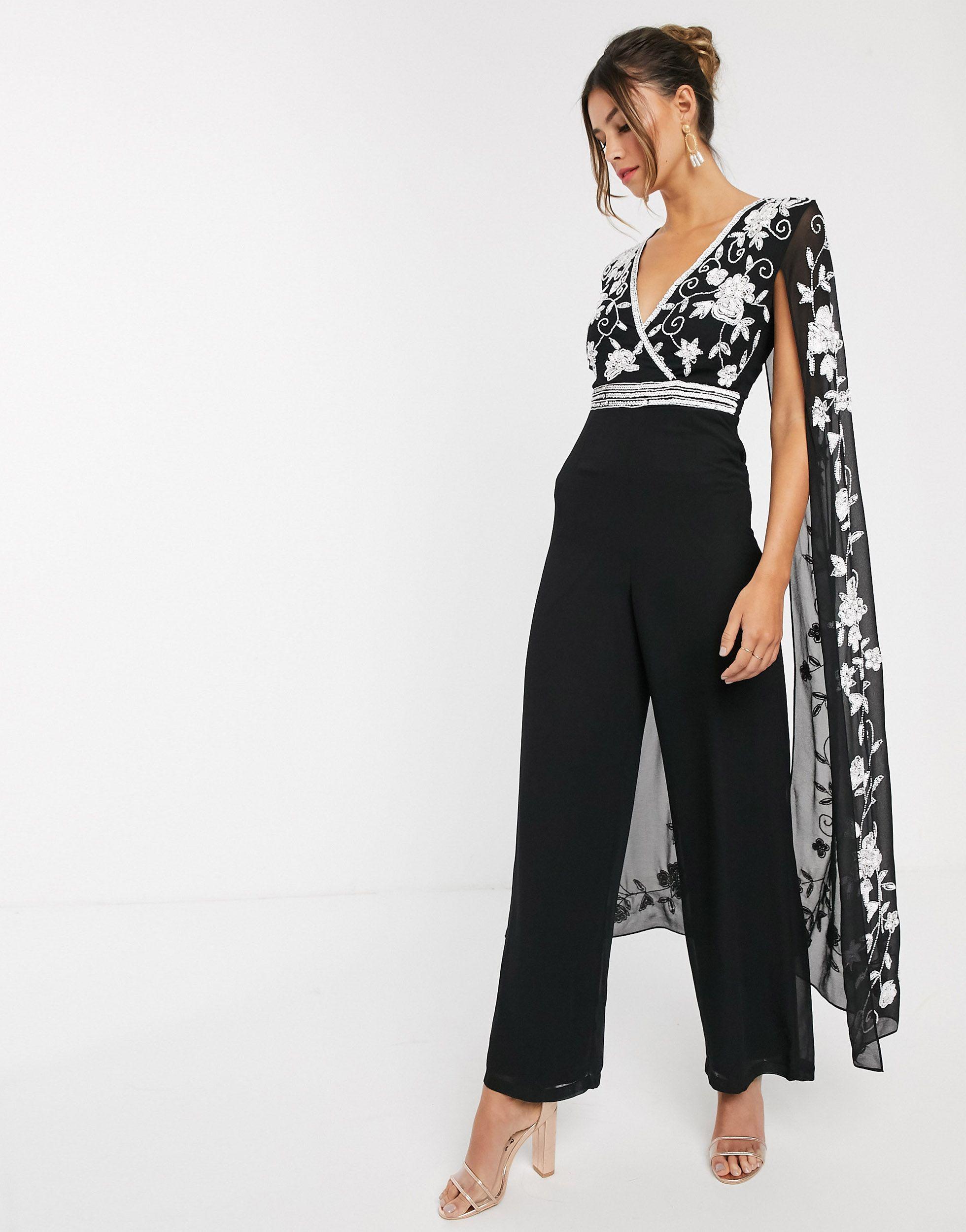 Frock and Frill Frock & Frill Contrast Embroidery Cape Jumpsuit in Black |  Lyst