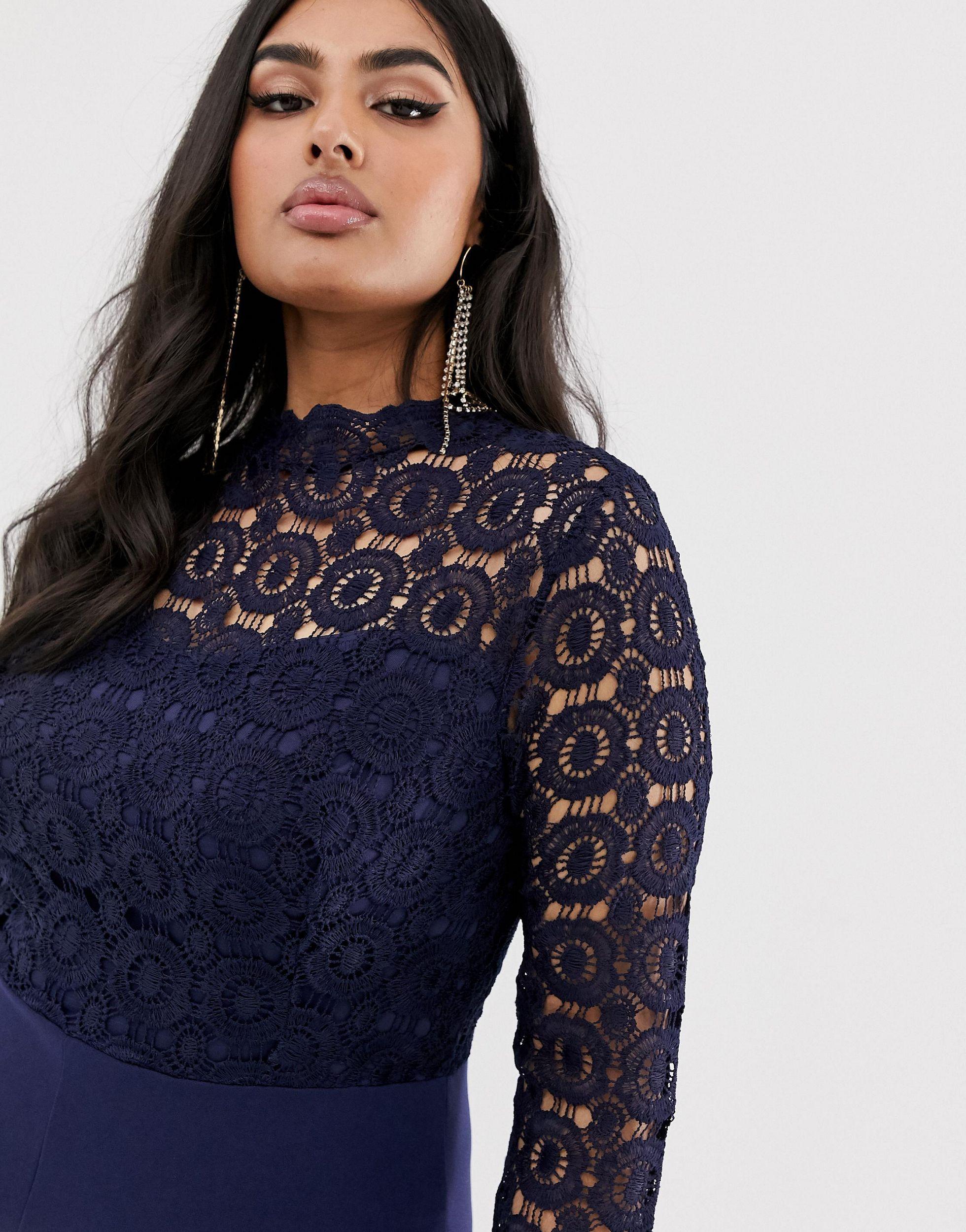 Club L London Club L Plus High Neck Crochet Detail Jumpsuit in Blue | Lyst  UK