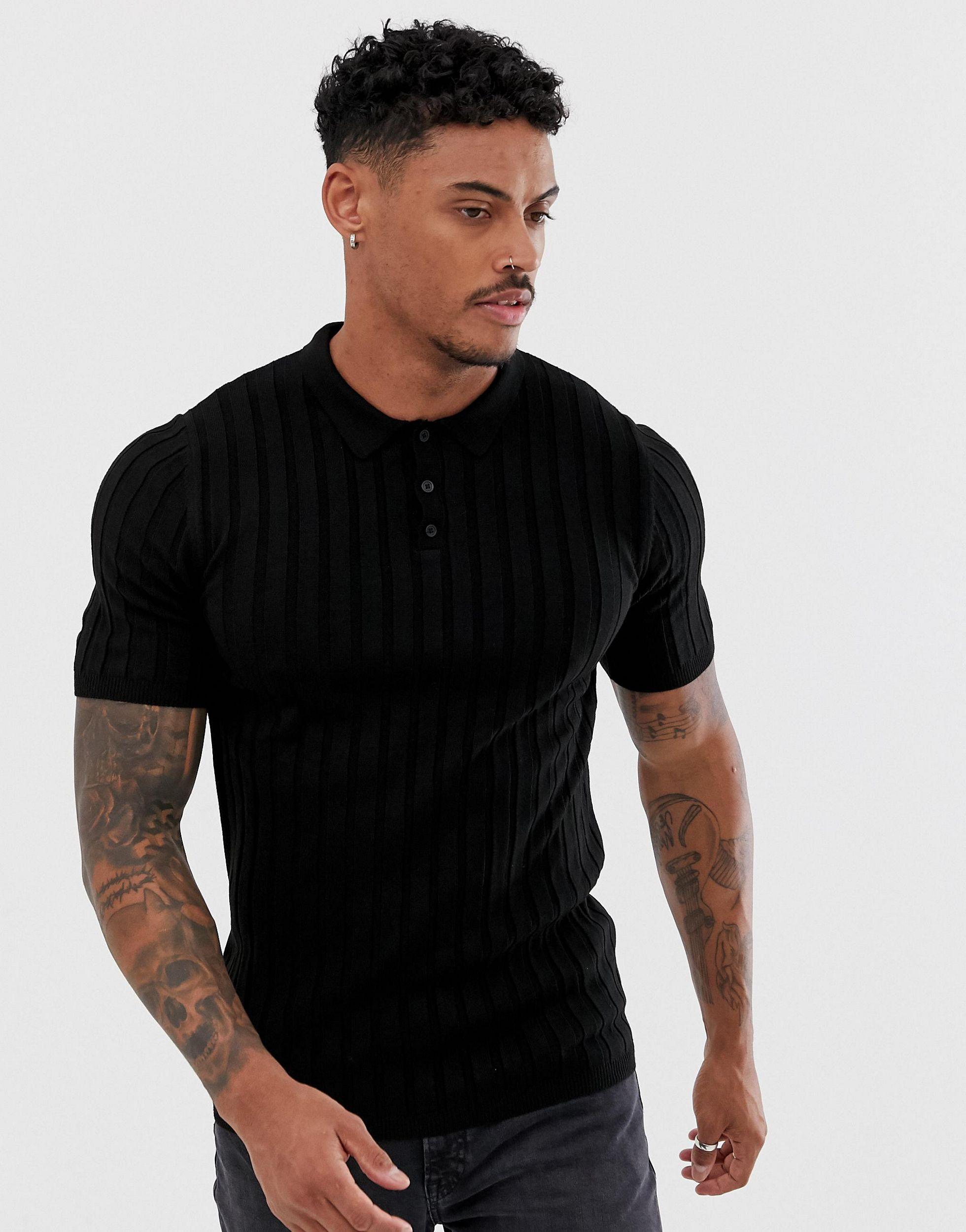 ASOS Knitted Ribbed Polo Shirt in Black for Men | Lyst
