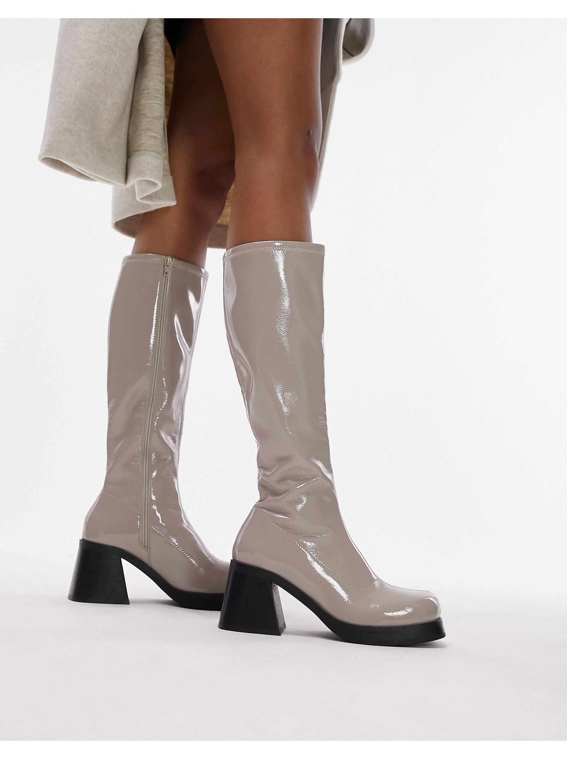 TOPSHOP Wide Fit Maisie Knee High Block Heel Boot in White | Lyst