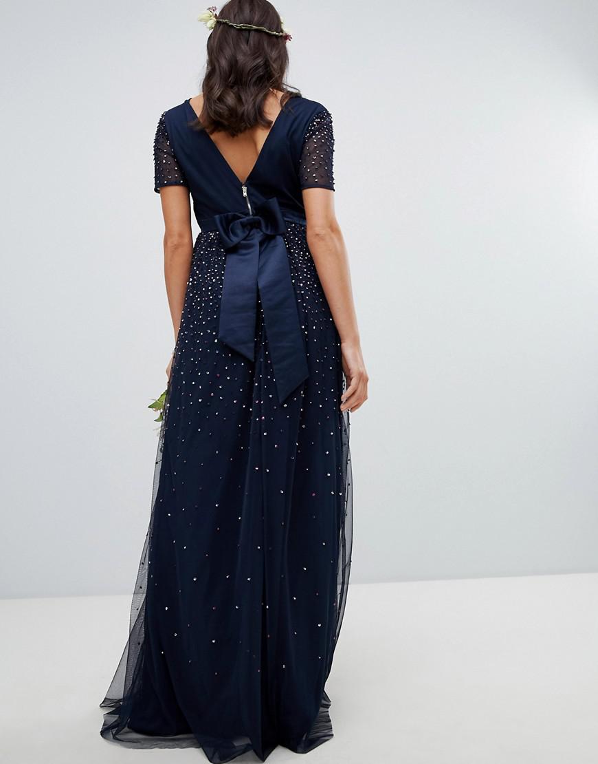 maya v neck maxi tulle dress with contrast tonal delicate sequins in navy