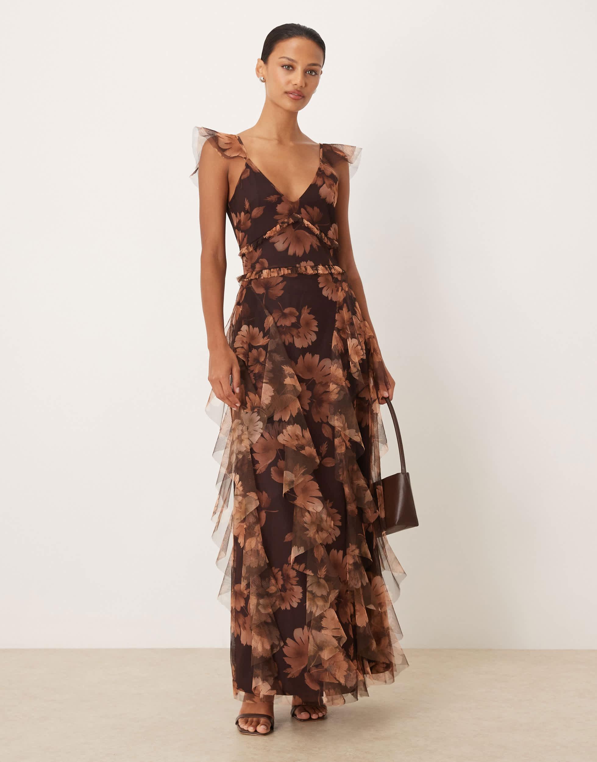 LACE & BEADS Tulle Ruffle Maxi Dress in Brown | Lyst