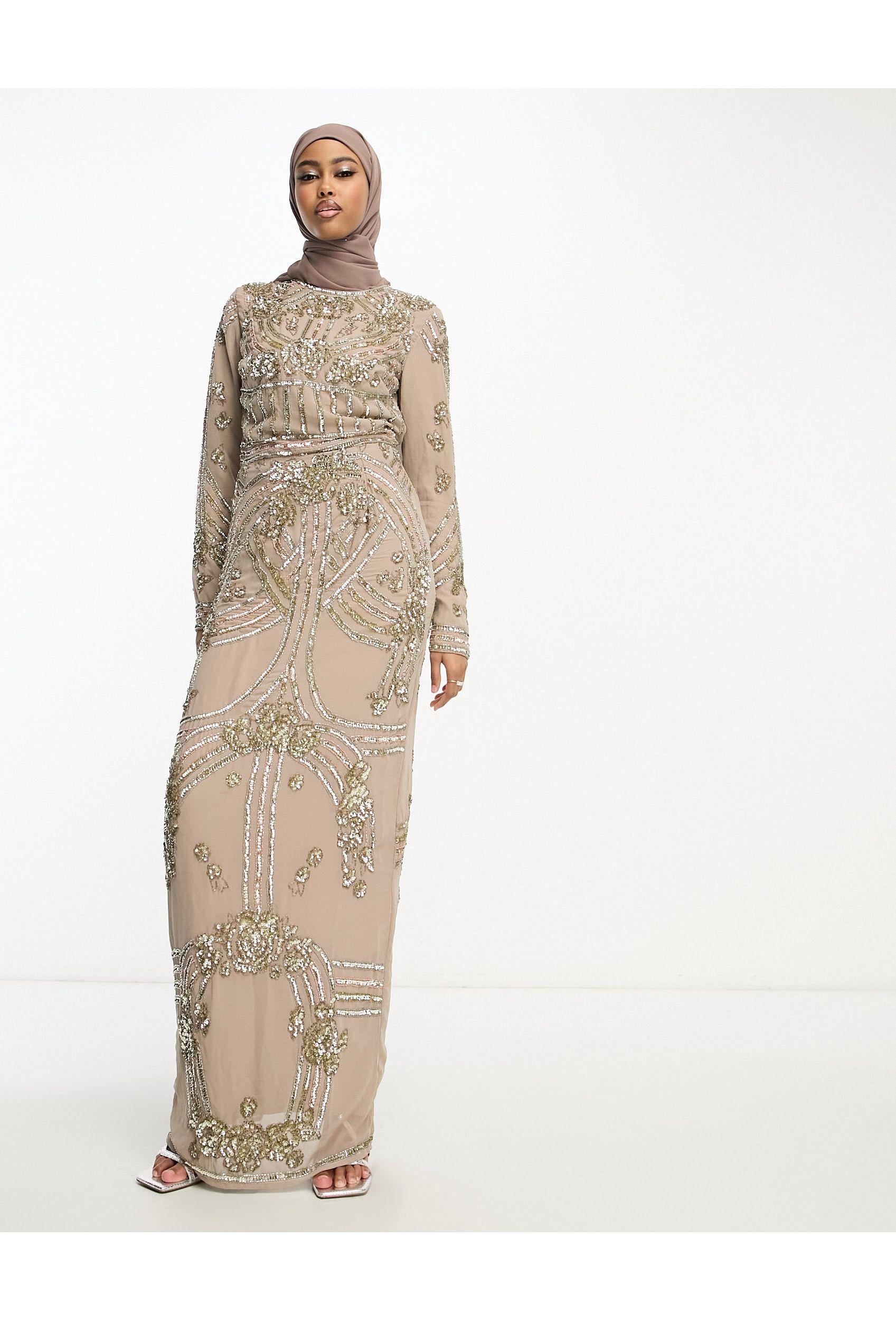 ASOS Double Layer Embellished Maxi Dress With Floral Embellishment in  Natural | Lyst