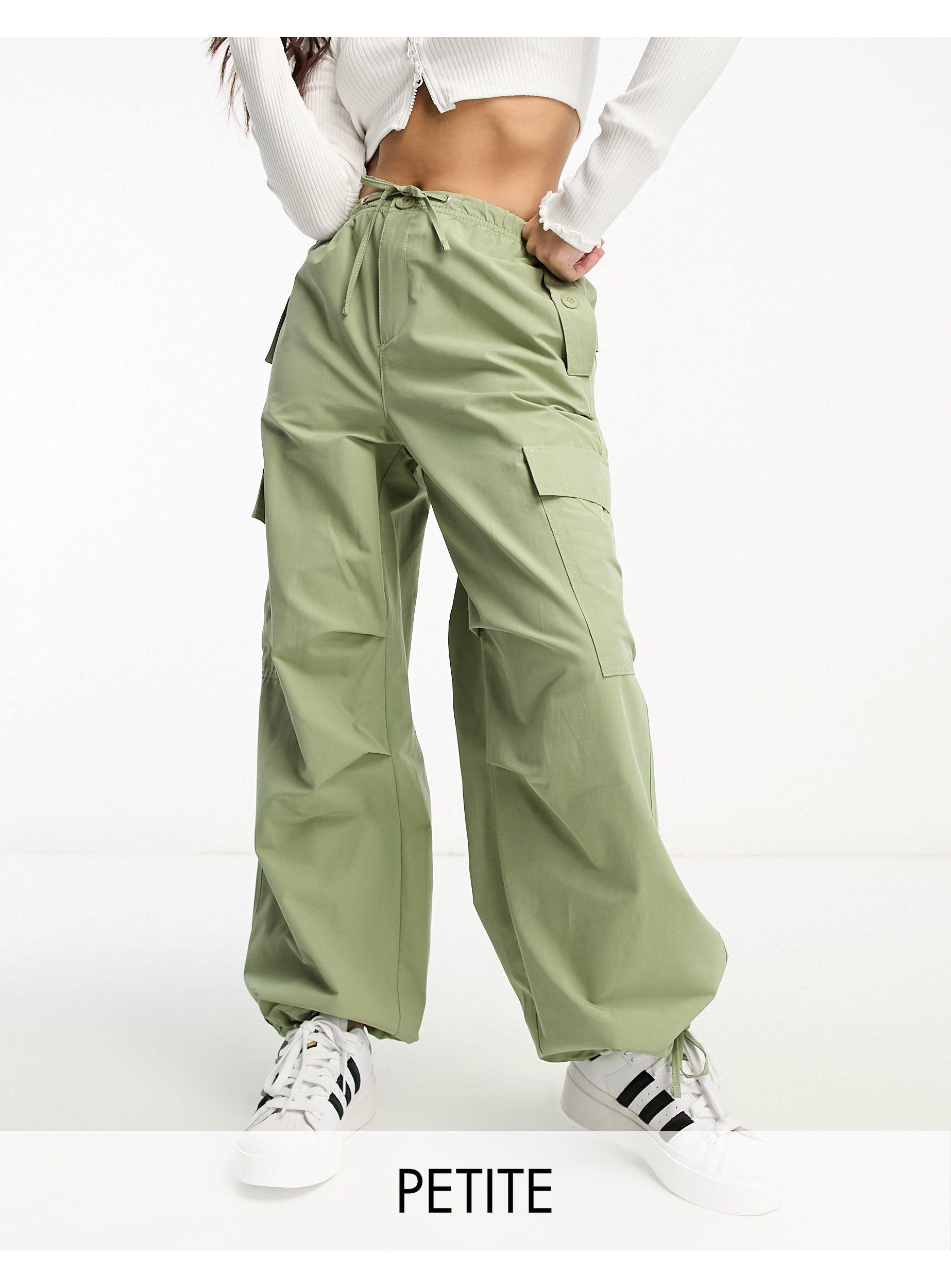 Bershka Petite Tie Waist Nylon Cargo Parachute Trousers in Green Lyst