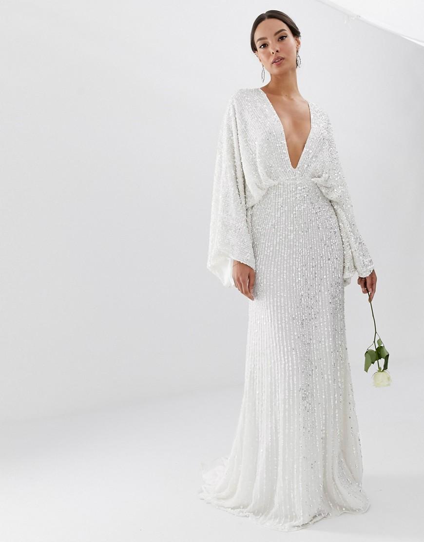 ASOS Synthetic Sequin Kimono Sleeve Wedding Dress in White - Lyst