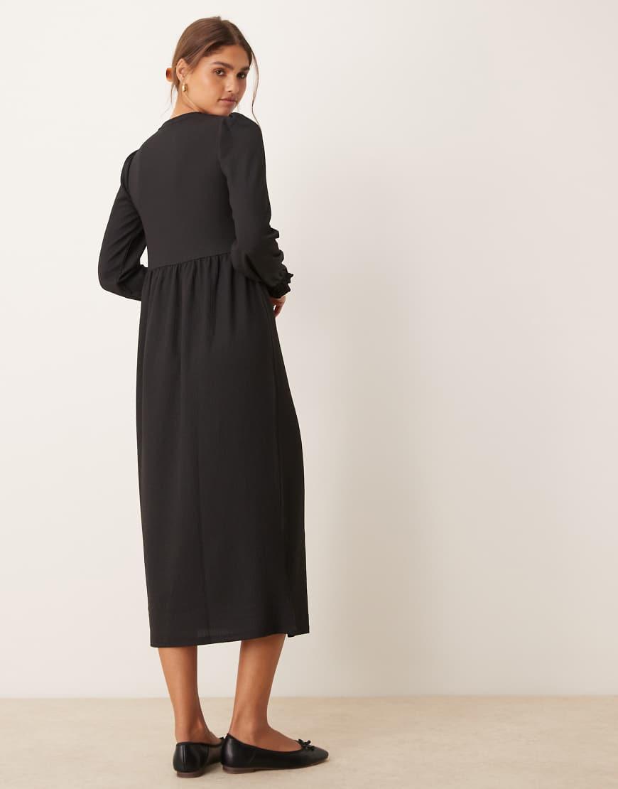 long sleeve black dress new look Black Shirred Long Sleeve Midaxi Dress