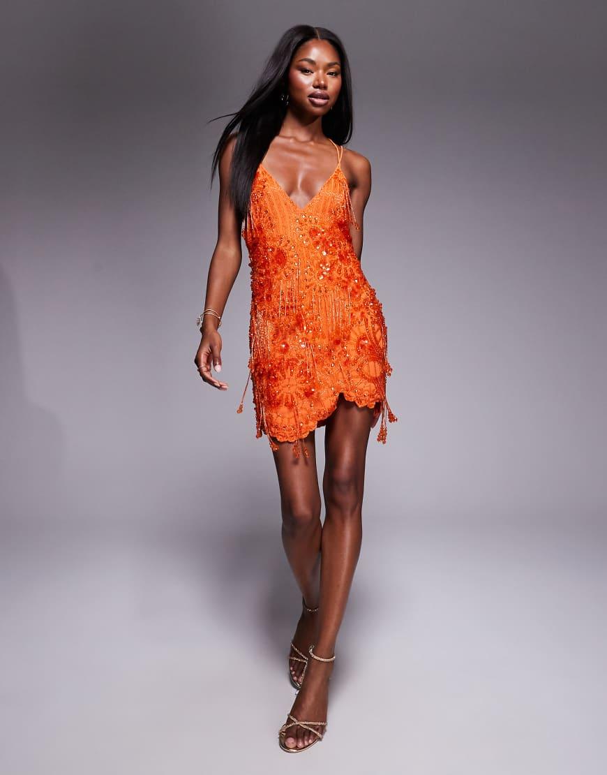 ASOS Embellished Asymmetric Mini Dress With Tie Straps in Orange