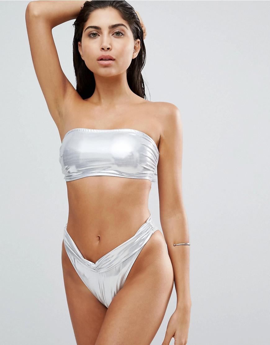 ASOS Liquid Silver Metallic Bandeau Bikini Top | Lyst