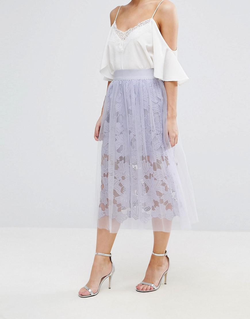 ASOS Lace Prom Skirt With Tulle Overlay in Blue - Lyst