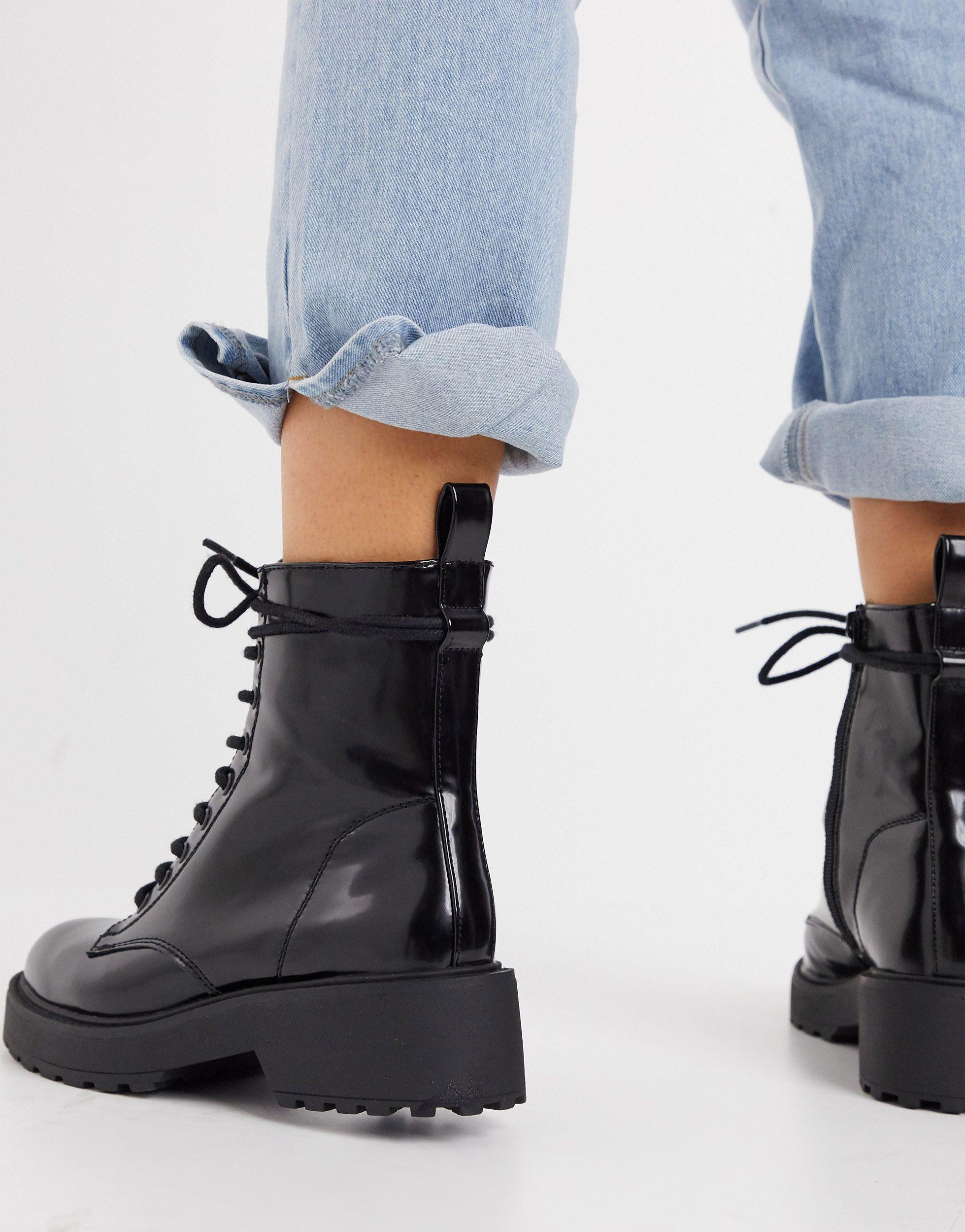 Pull&Bear Lace Up Biker Boot With Chunky Sole in Black | Lyst