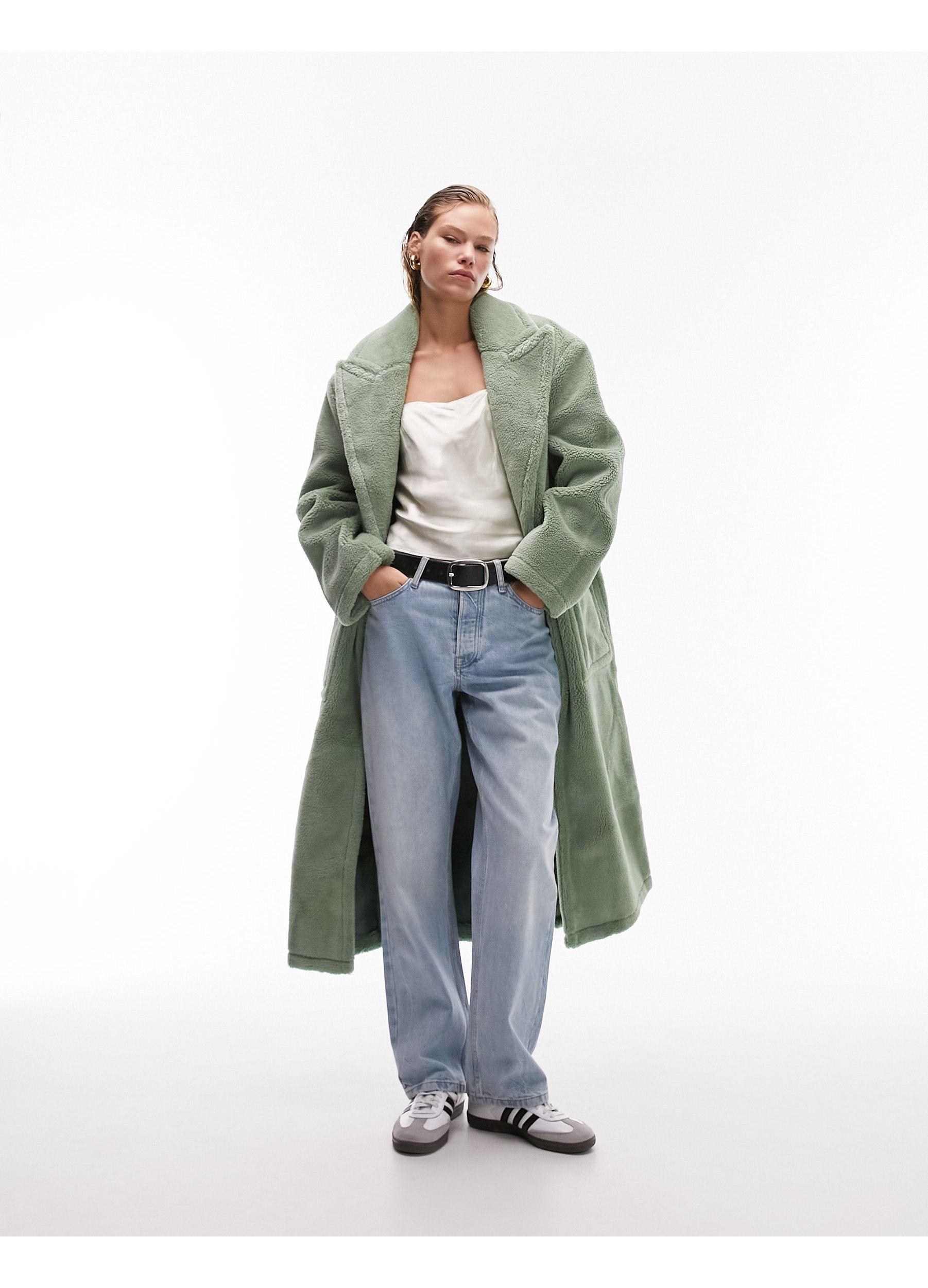 TOPSHOP Long-line Borg Coat in Green | Lyst