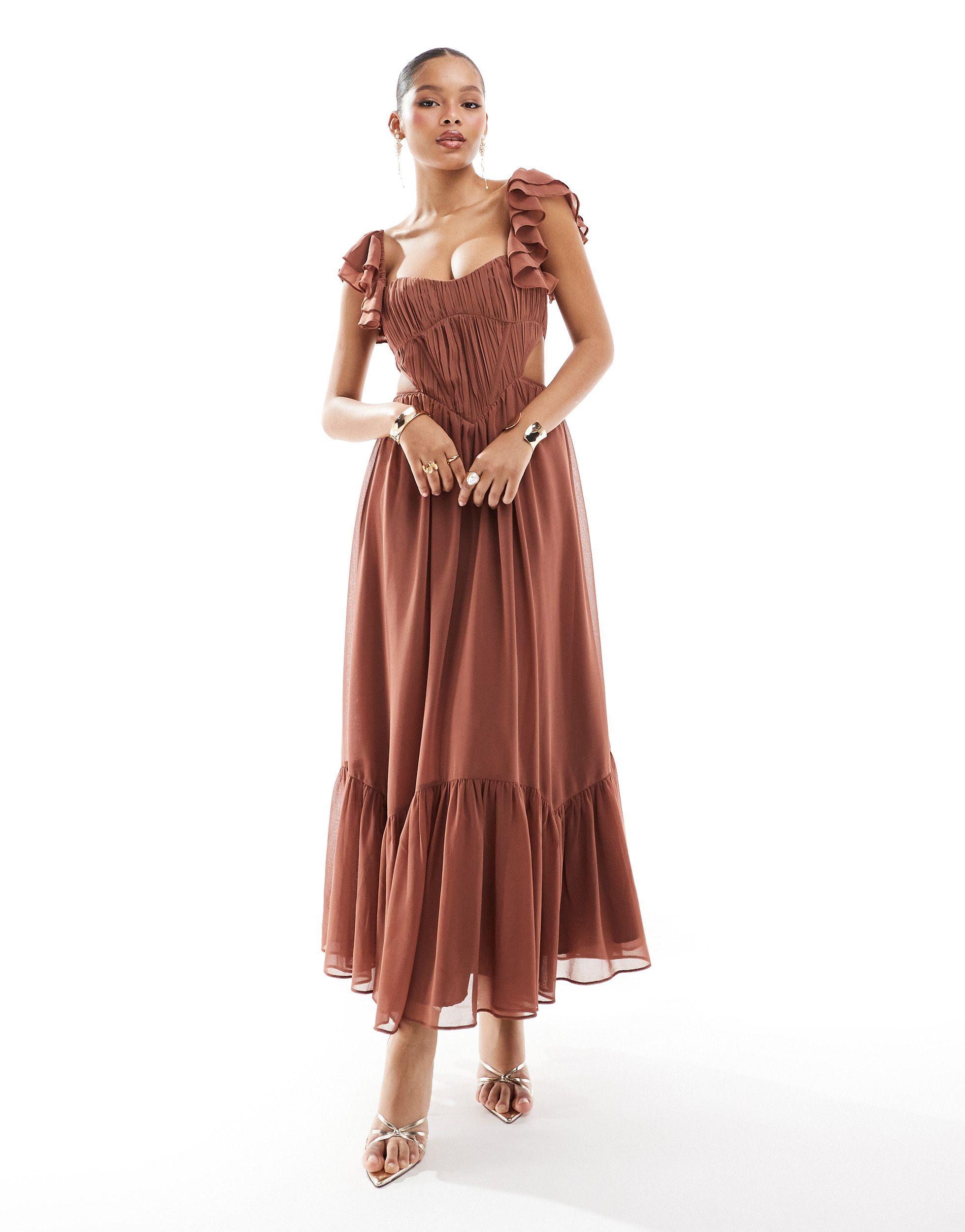 Robe patineuse mi longue a decoupe avec corset et manches evasees moka ASOS en coloris Marron Lyst