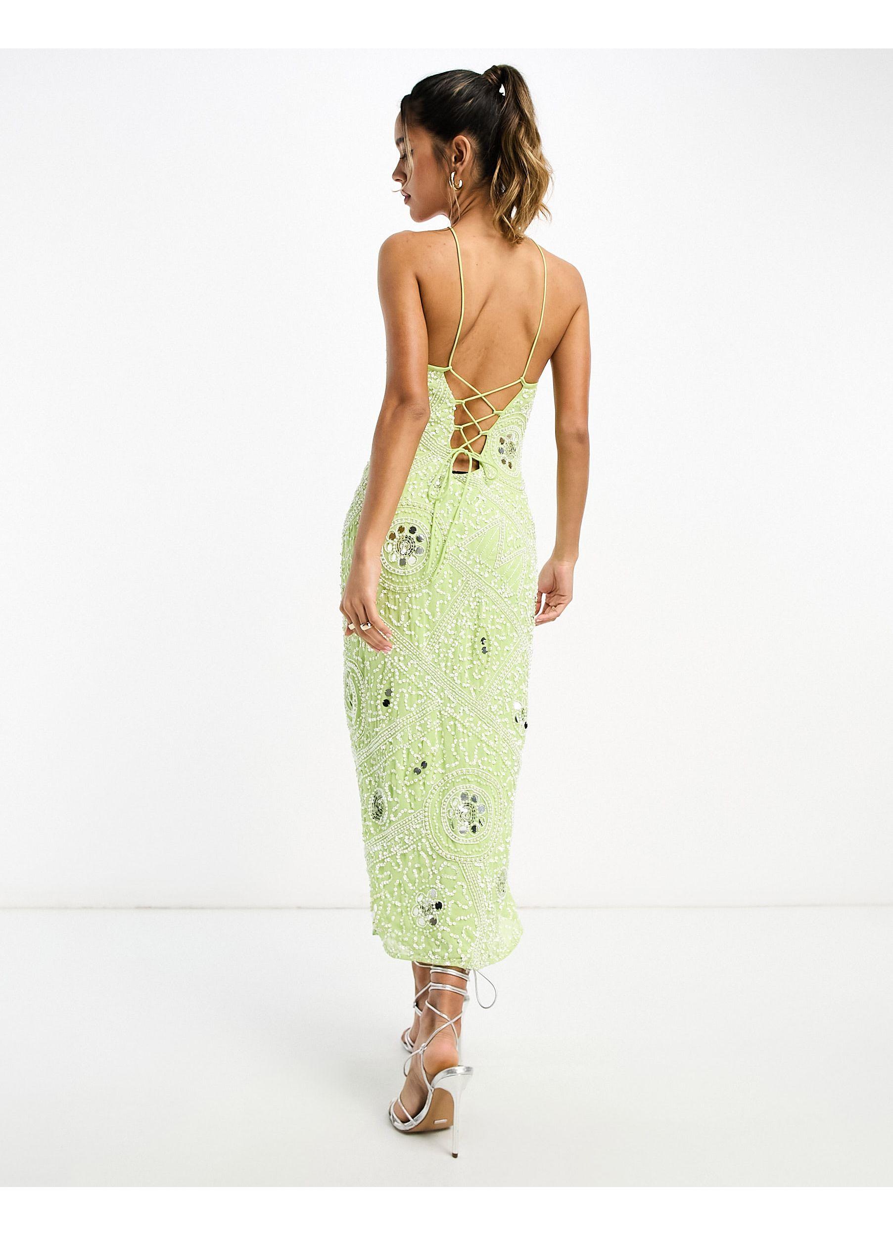 Asos design embellished halter midi dress with floral clearance embroidery