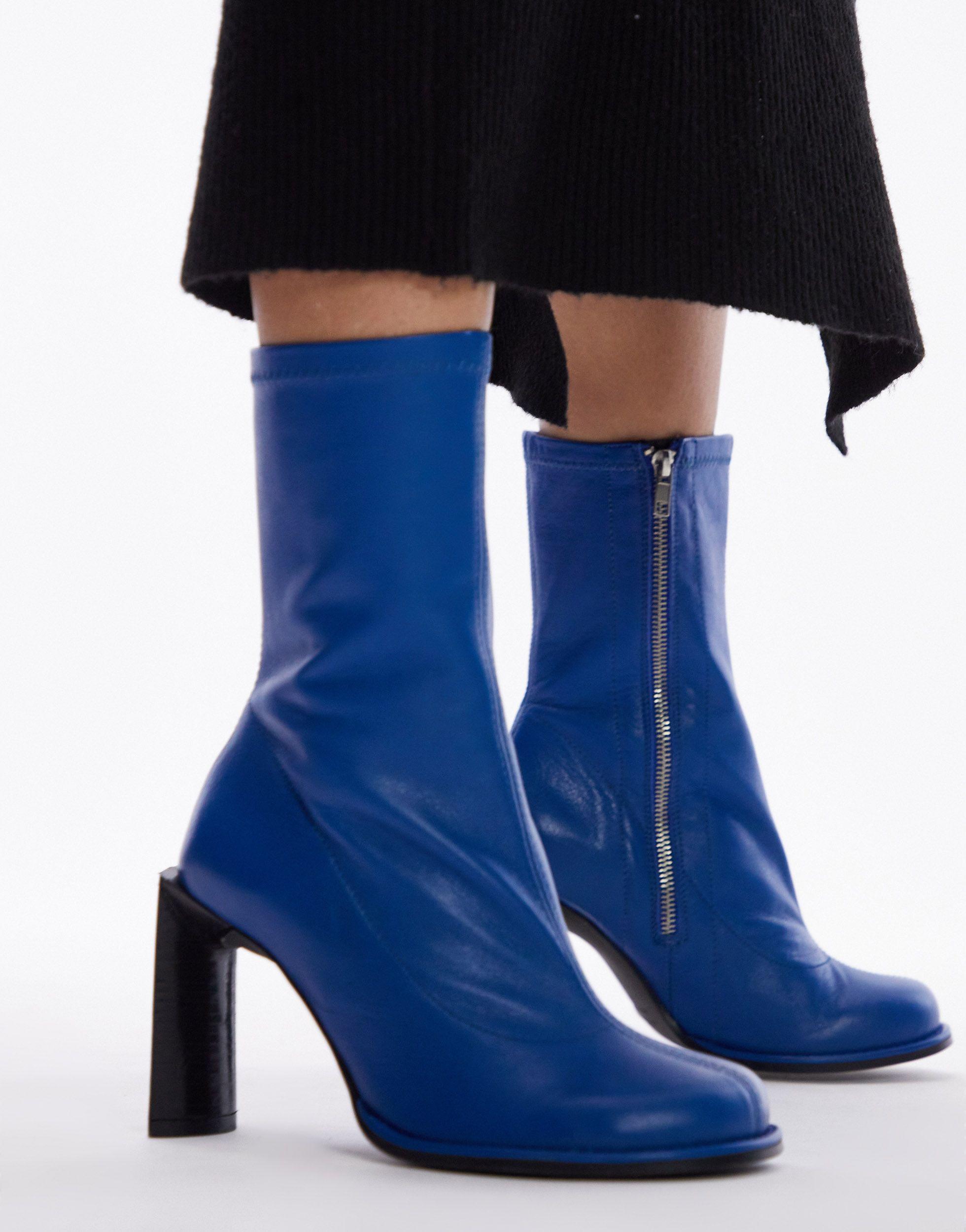 TOPSHOP Bowie Premium Leather Round Toe Heeled Boot in Blue | Lyst