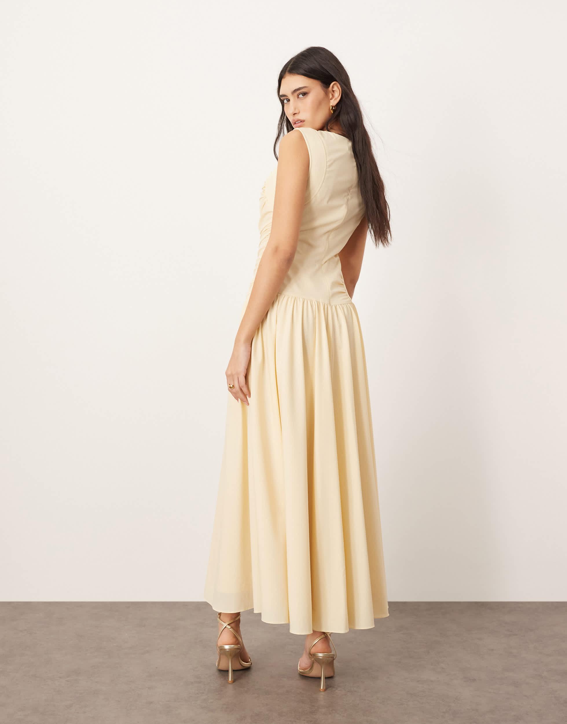 ARRANGE Poplin Ruched Detail Drop Waist Midi Dress in Natural | Lyst