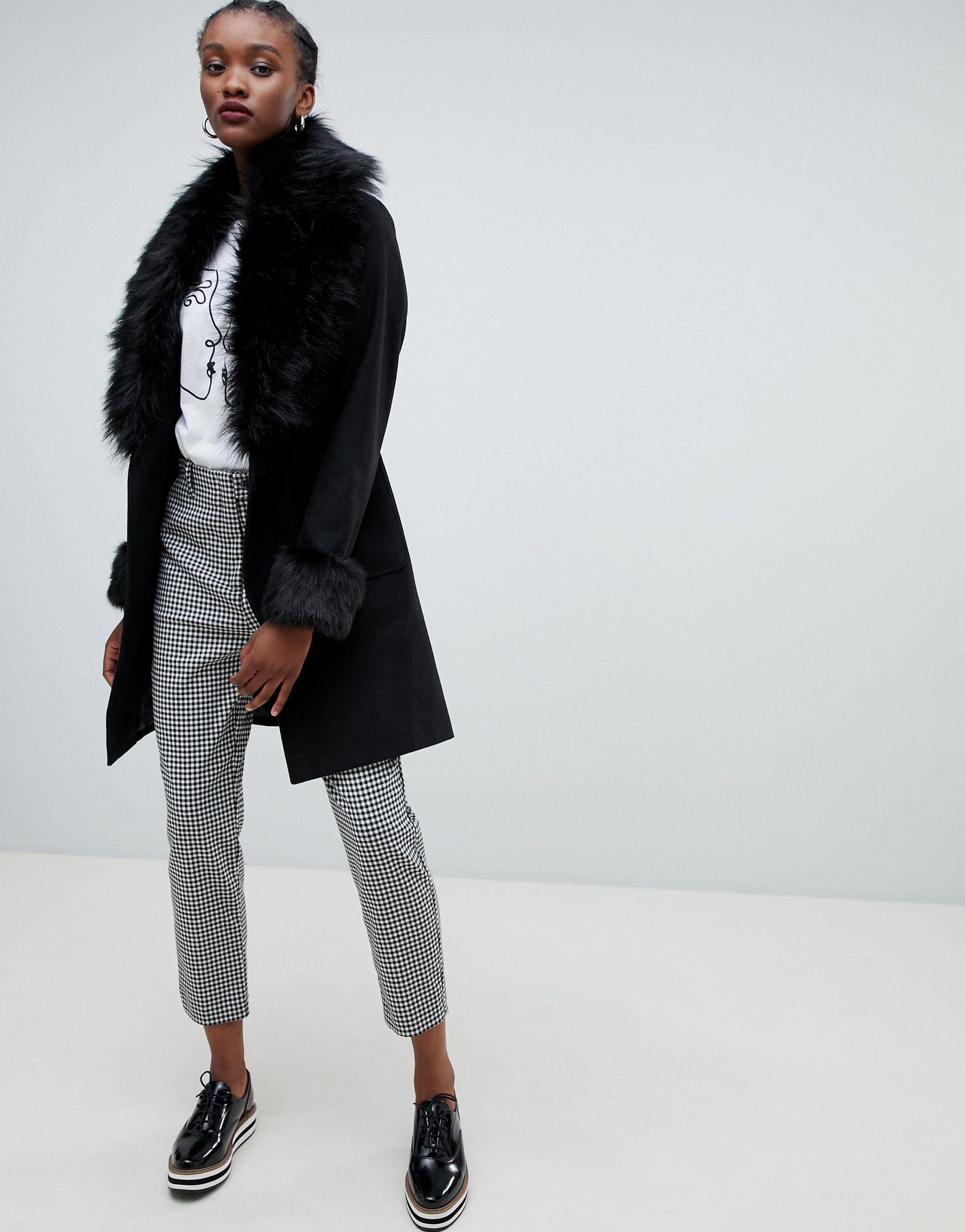 New Look Women s Black Faux Fur Trim Coat
