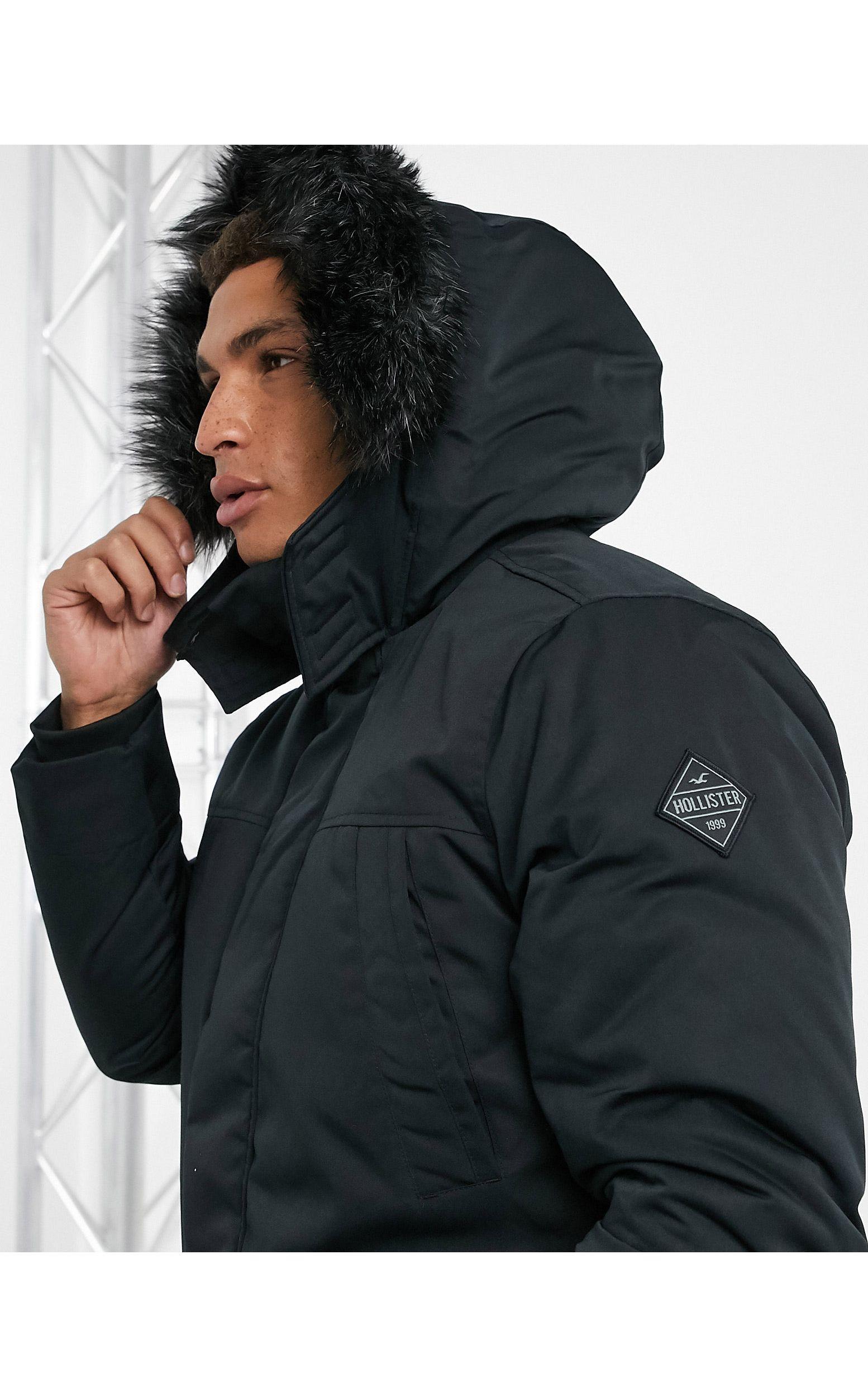 Hollister Faux Fur Lined Hooded Parka Coat in Black for Men | Lyst