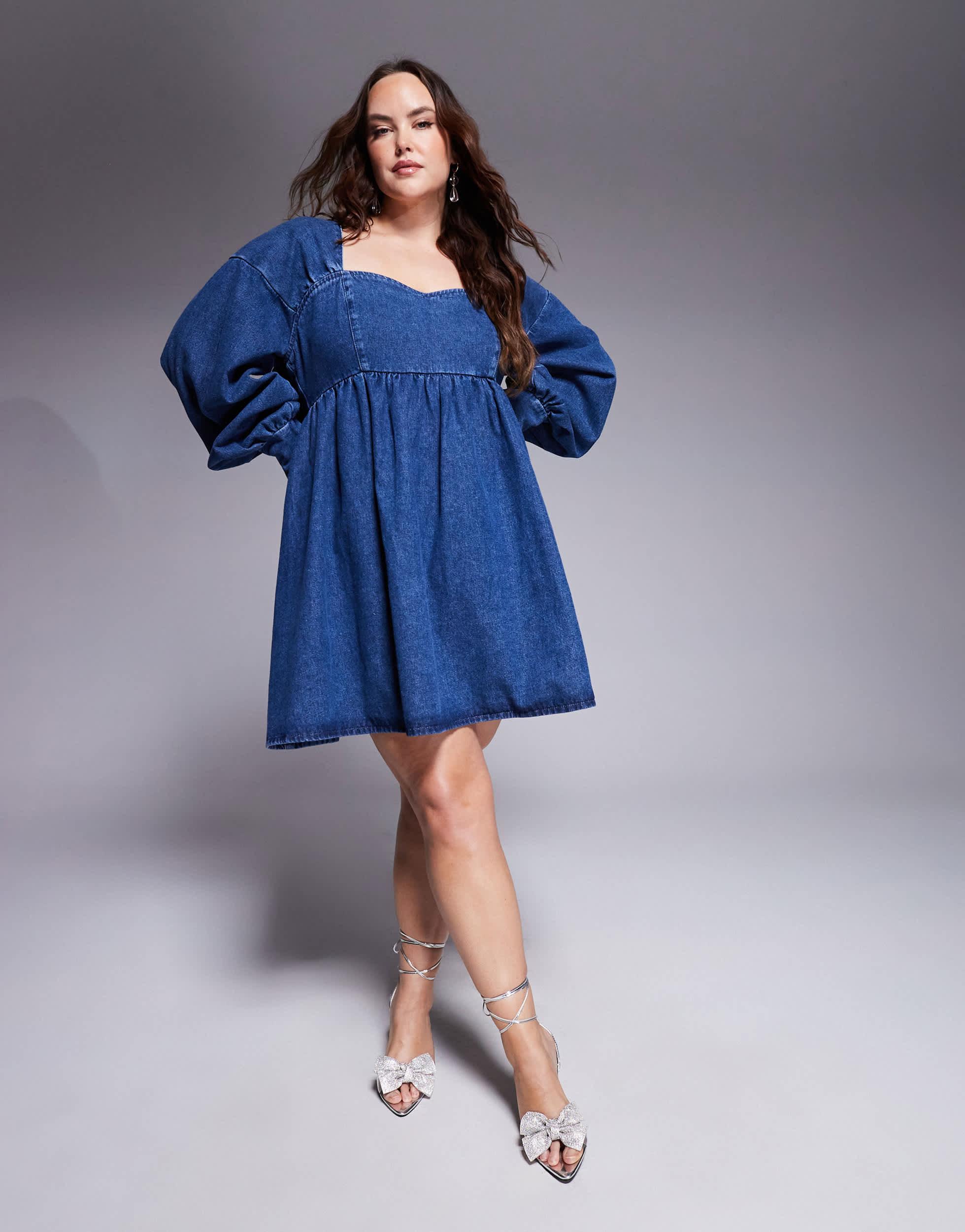 asos denim dress DESIGN mini shift with bow shoulders The chest pocket detail adds a trendy touch Denim Long Sleeve Dress w/Front