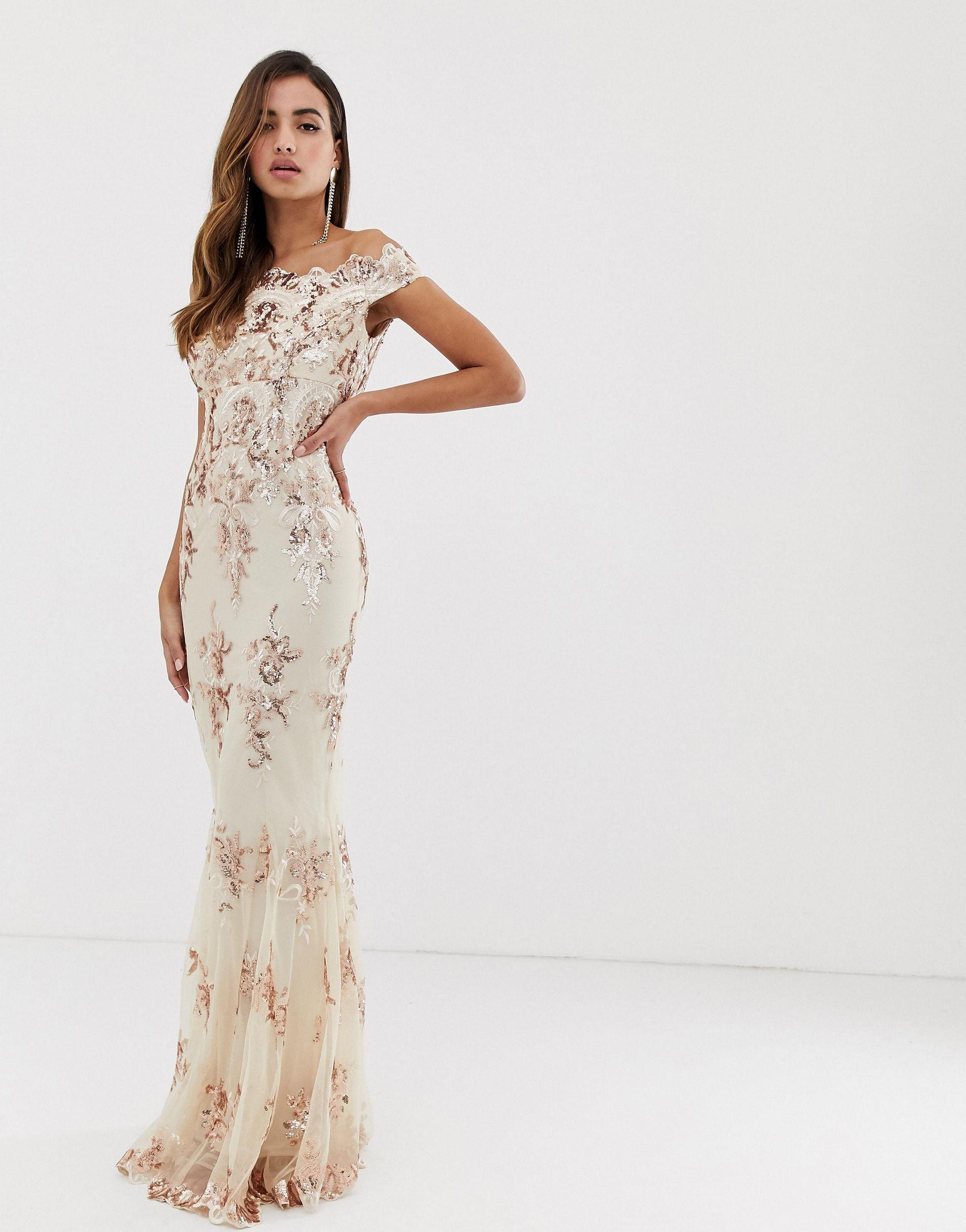 Goddiva Off Shoulder Bardot Placement Lace Maxi Dress In Blush And Gold |  Lyst